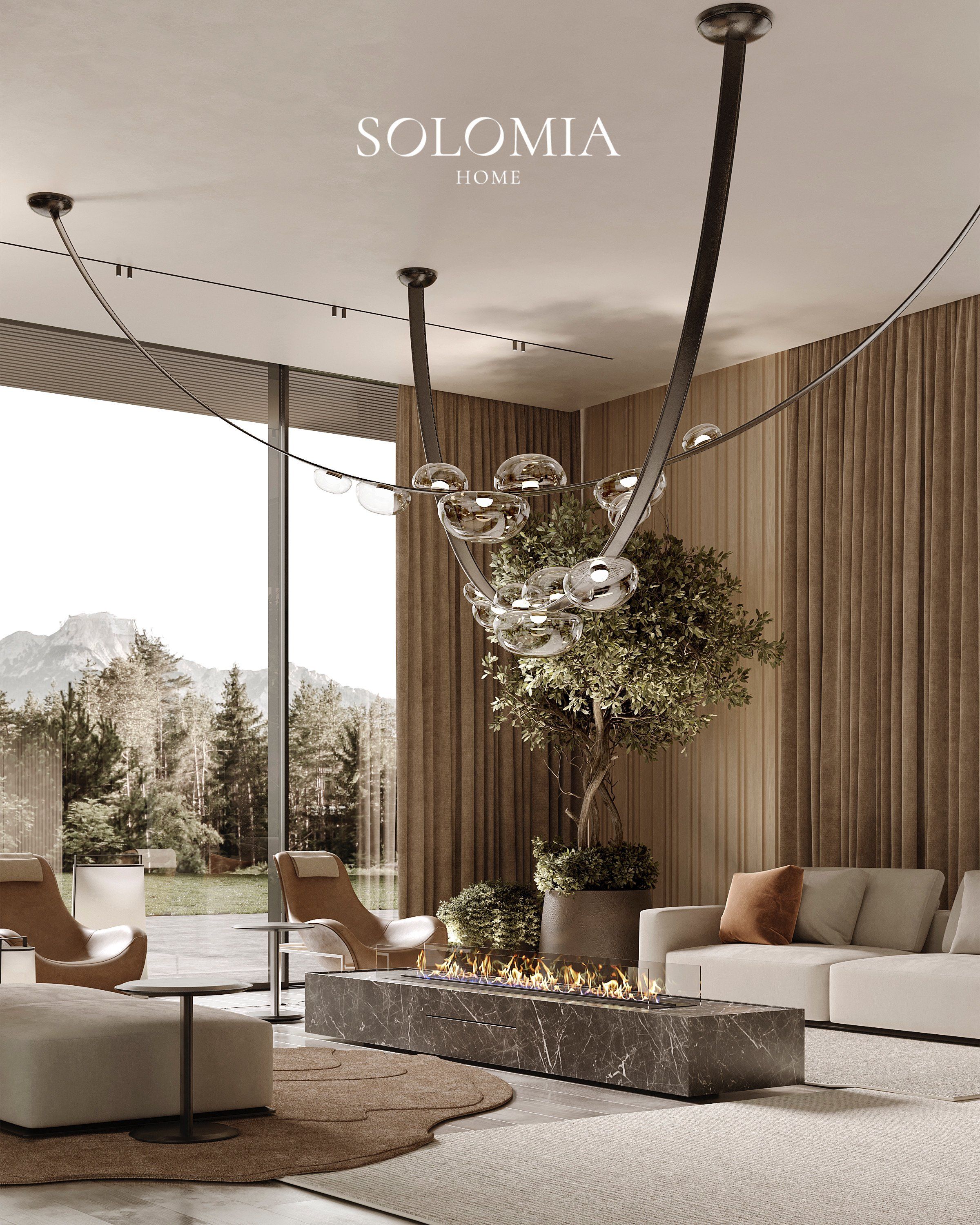 Lounge with linear fireplace and forest view, Villa de La Couronne Switzerland — luxury interior design Switzerland
