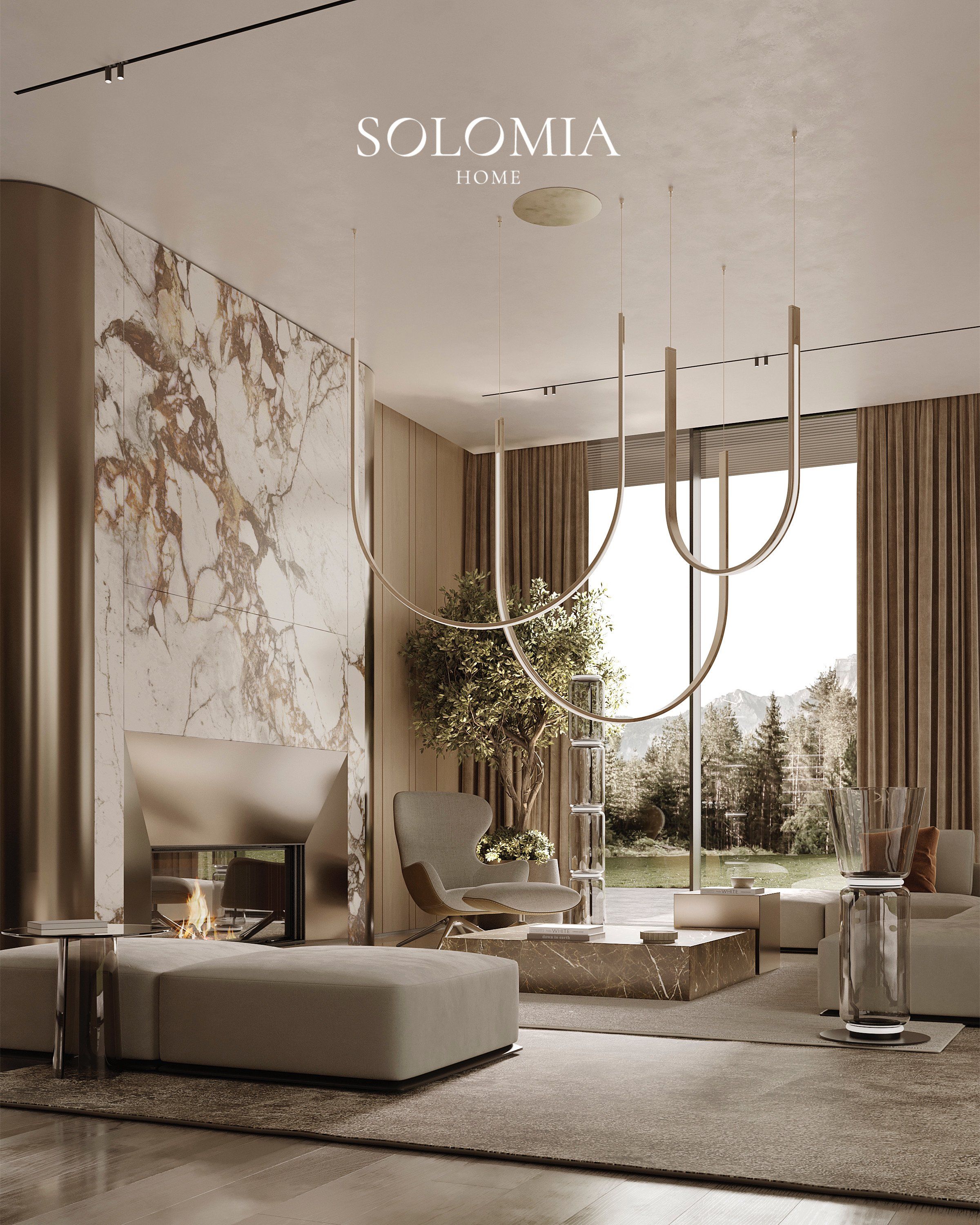 Lounge with marble panel and forest view, Villa de La Couronne Switzerland — luxury interior design Switzerland