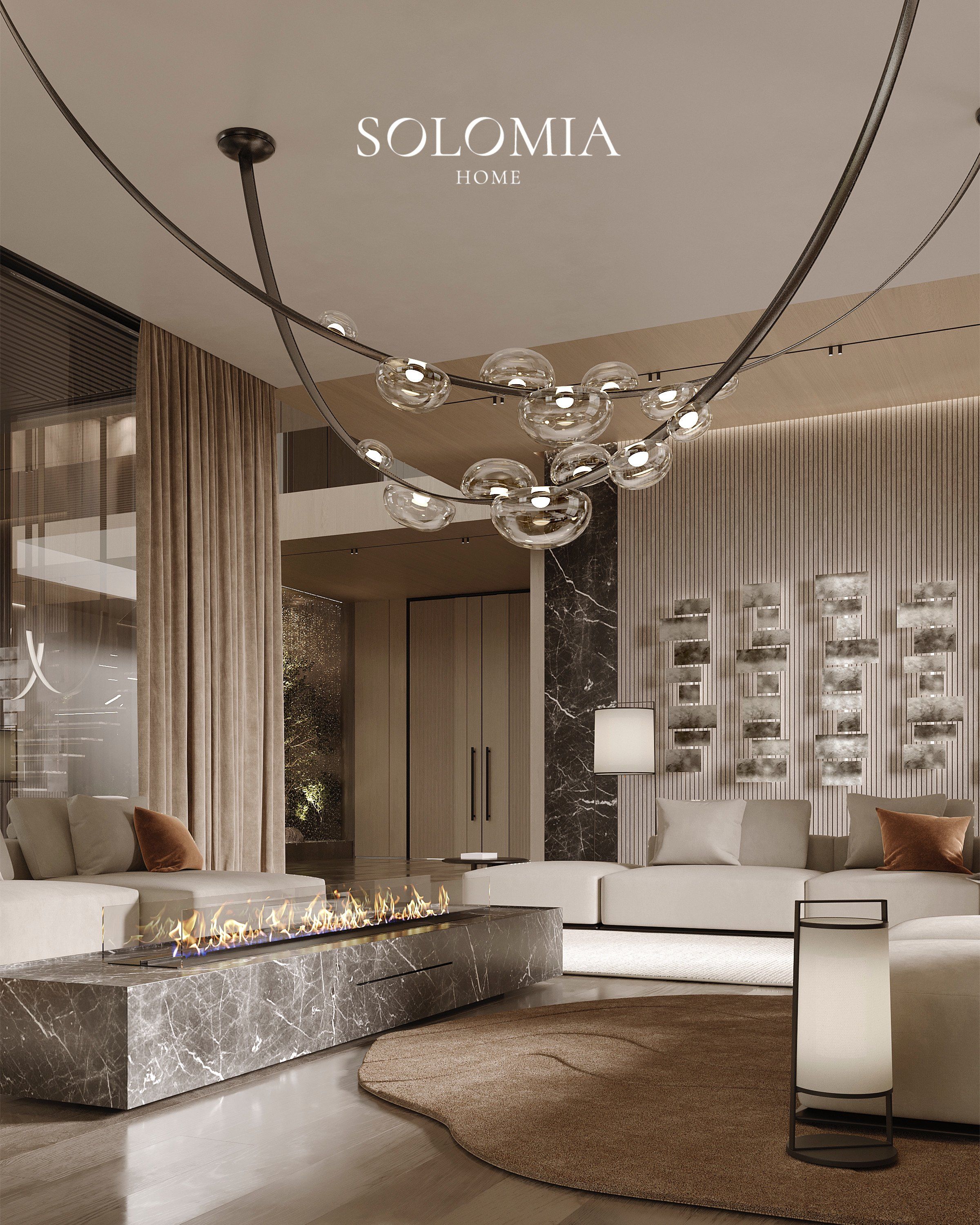Living room with linear fireplace and glass pendants, Villa de La Couronne Switzerland — luxury interior design Switzerland
