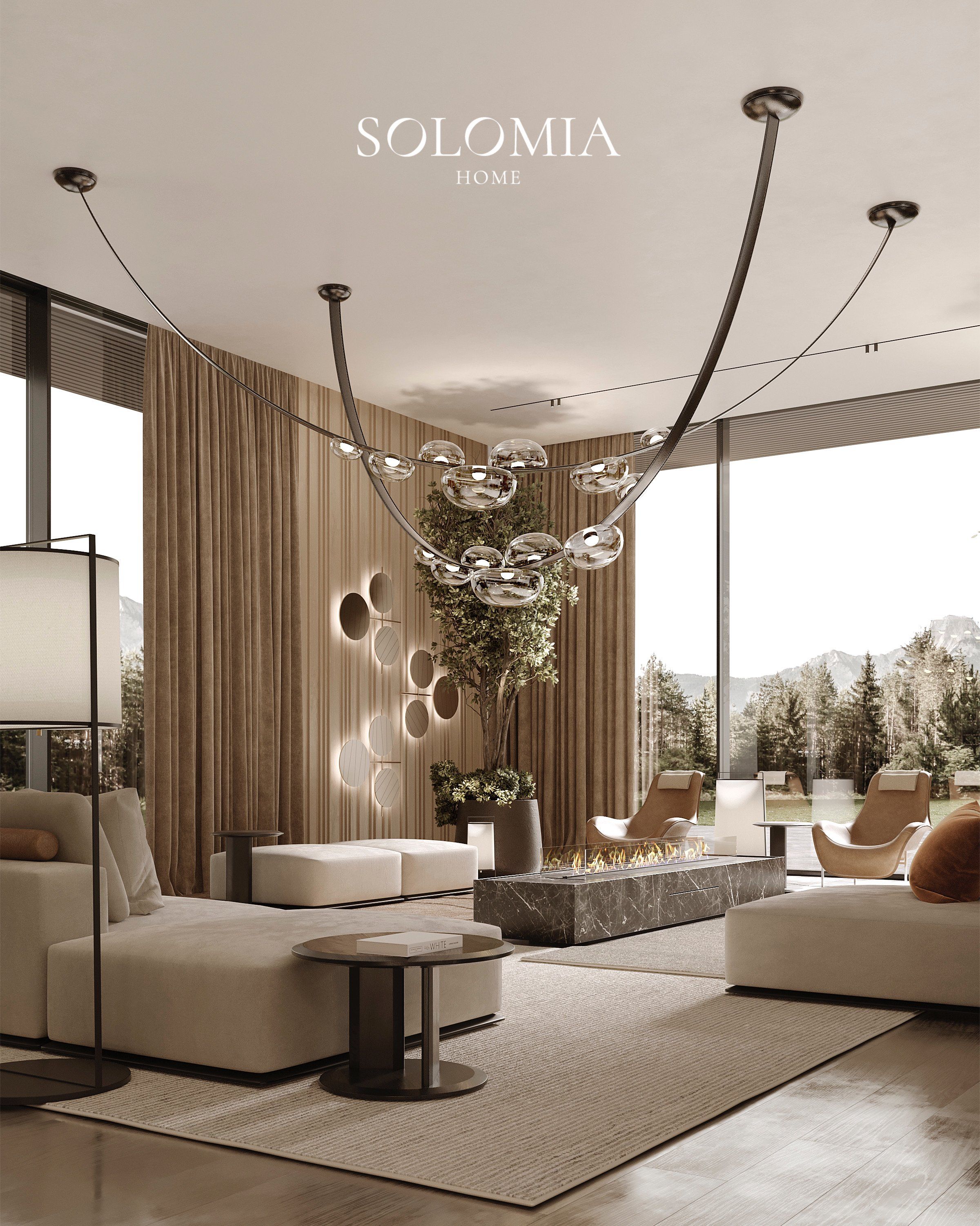 Living room with forest view and tan armchairs, Villa de La Couronne Switzerland — luxury interior design Switzerland