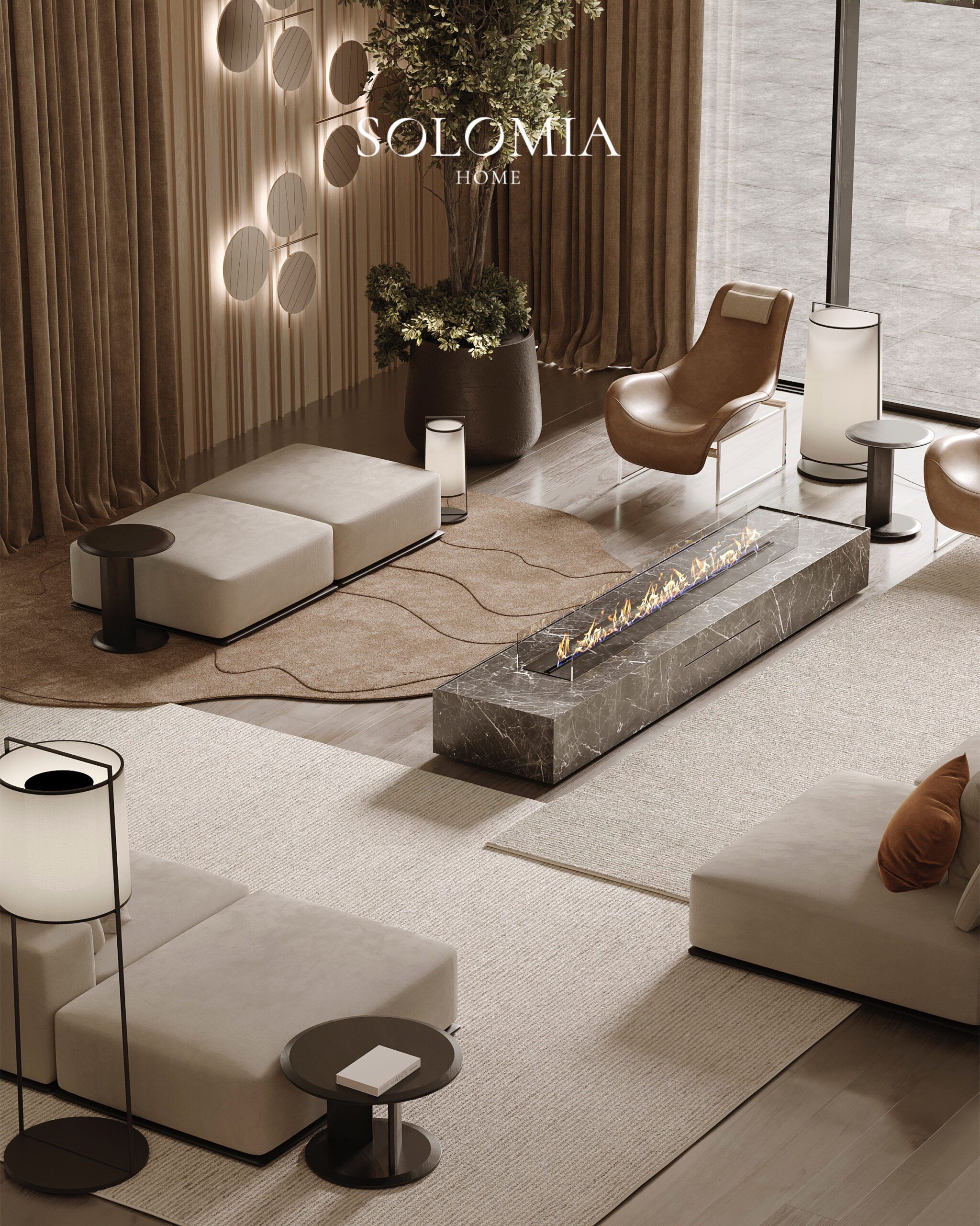 Lounge with fireplace and wall art discs, Villa de La Couronne Switzerland — luxury interior design Switzerland