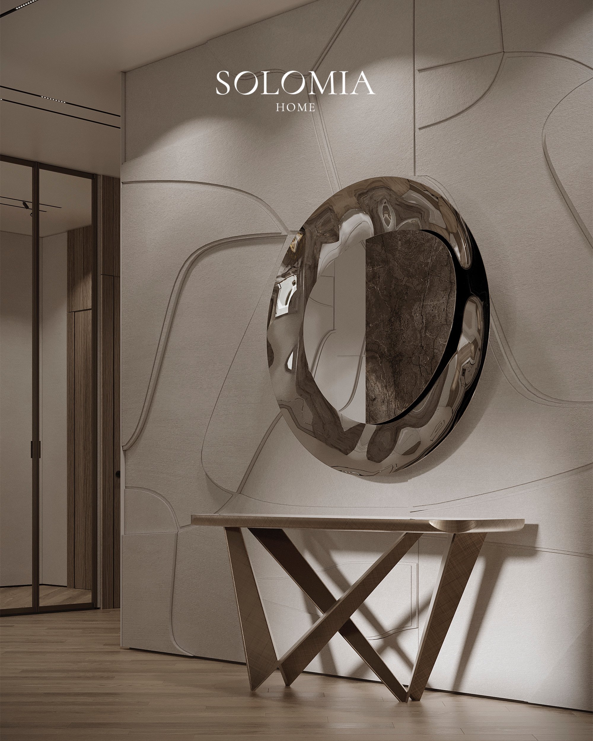 Console with sculpted mirror, Les Floralies Monaco — luxury interior design Monaco