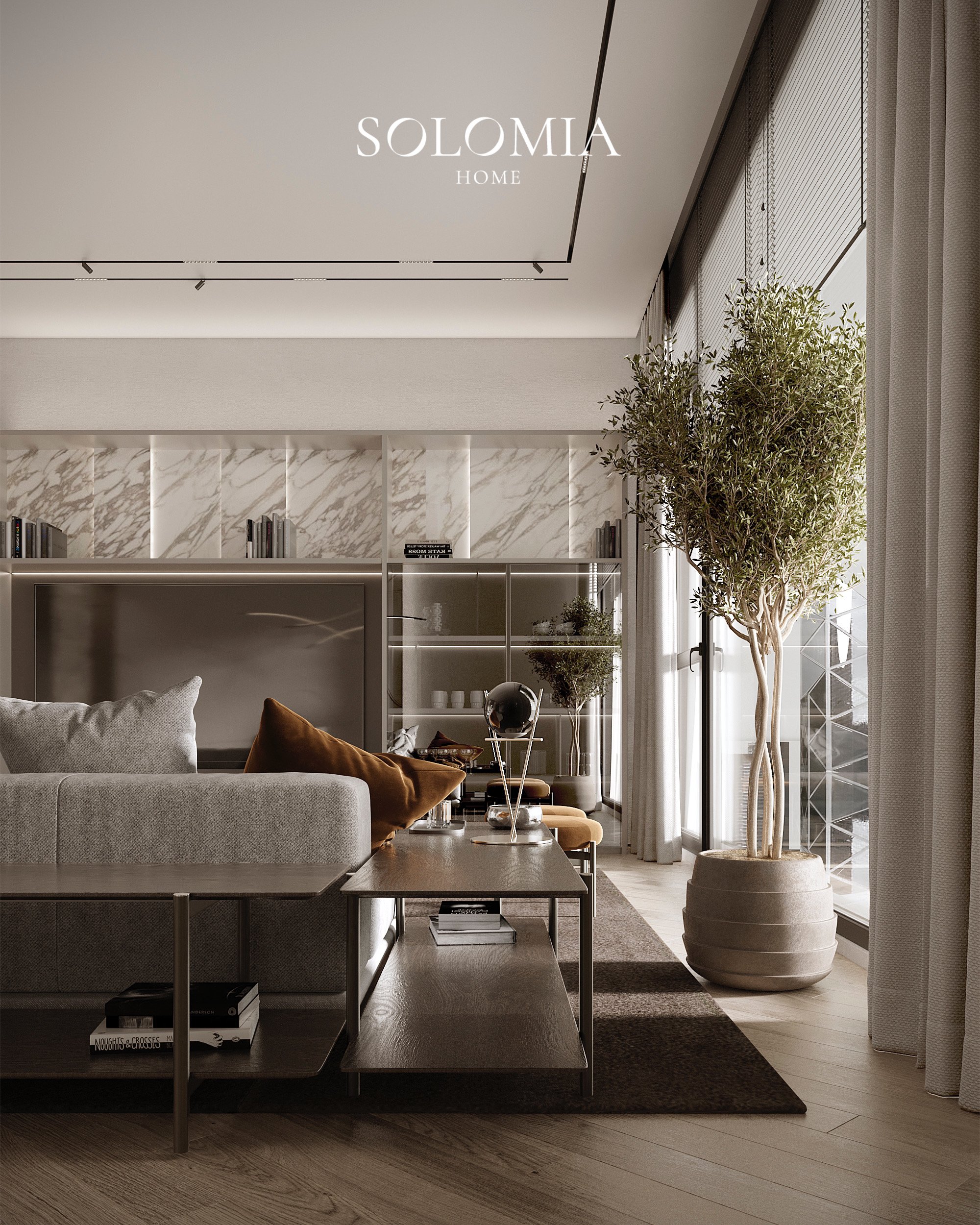 Living room with olive tree and shelving, Les Floralies Monaco — luxury interior design Monaco