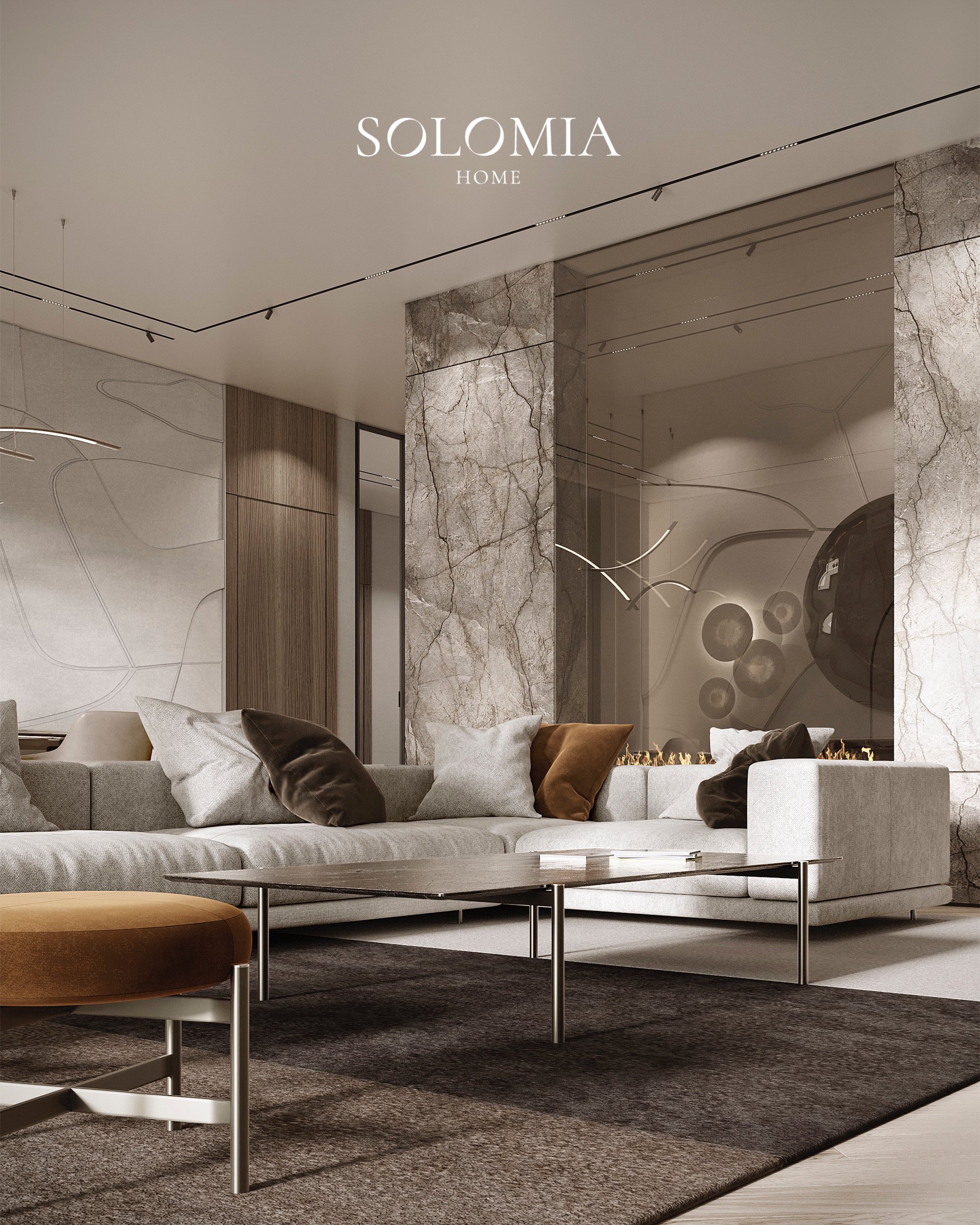 Lounge with marble panels and beige sofas, Les Floralies Monaco — luxury interior design Monaco