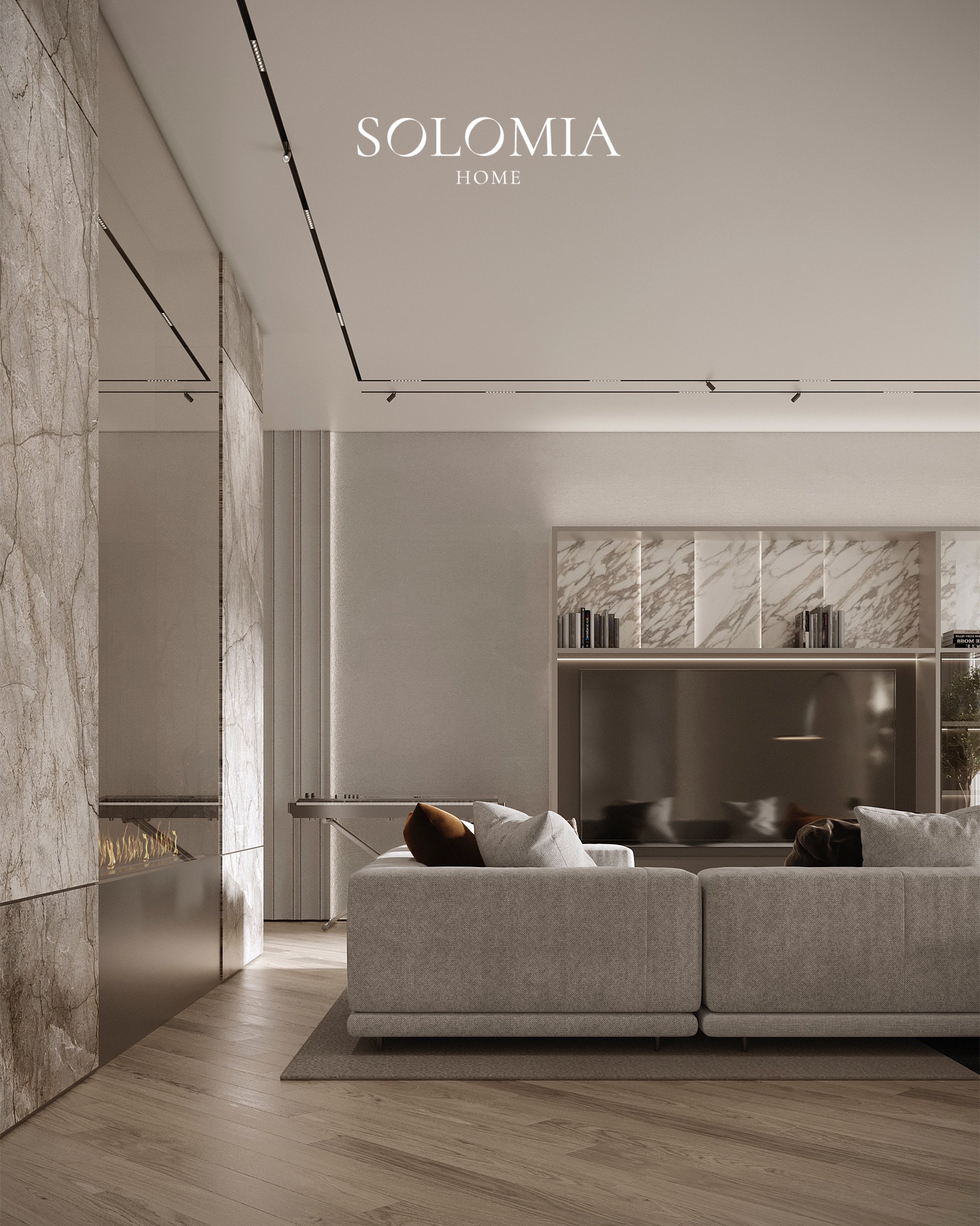 Living room with marble panels and TV unit, Les Floralies Monaco — luxury interior design Monaco