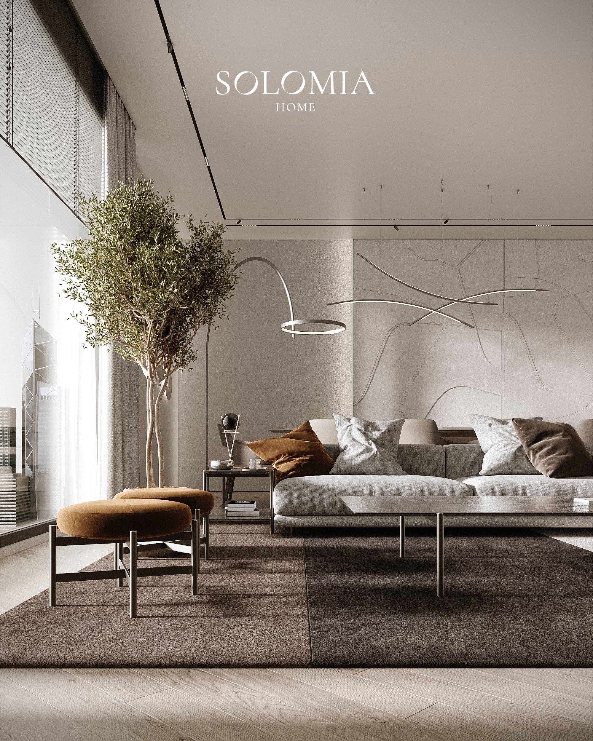 Living room with olive tree and grey sofa, Les Floralies Monaco — luxury interior design Monaco