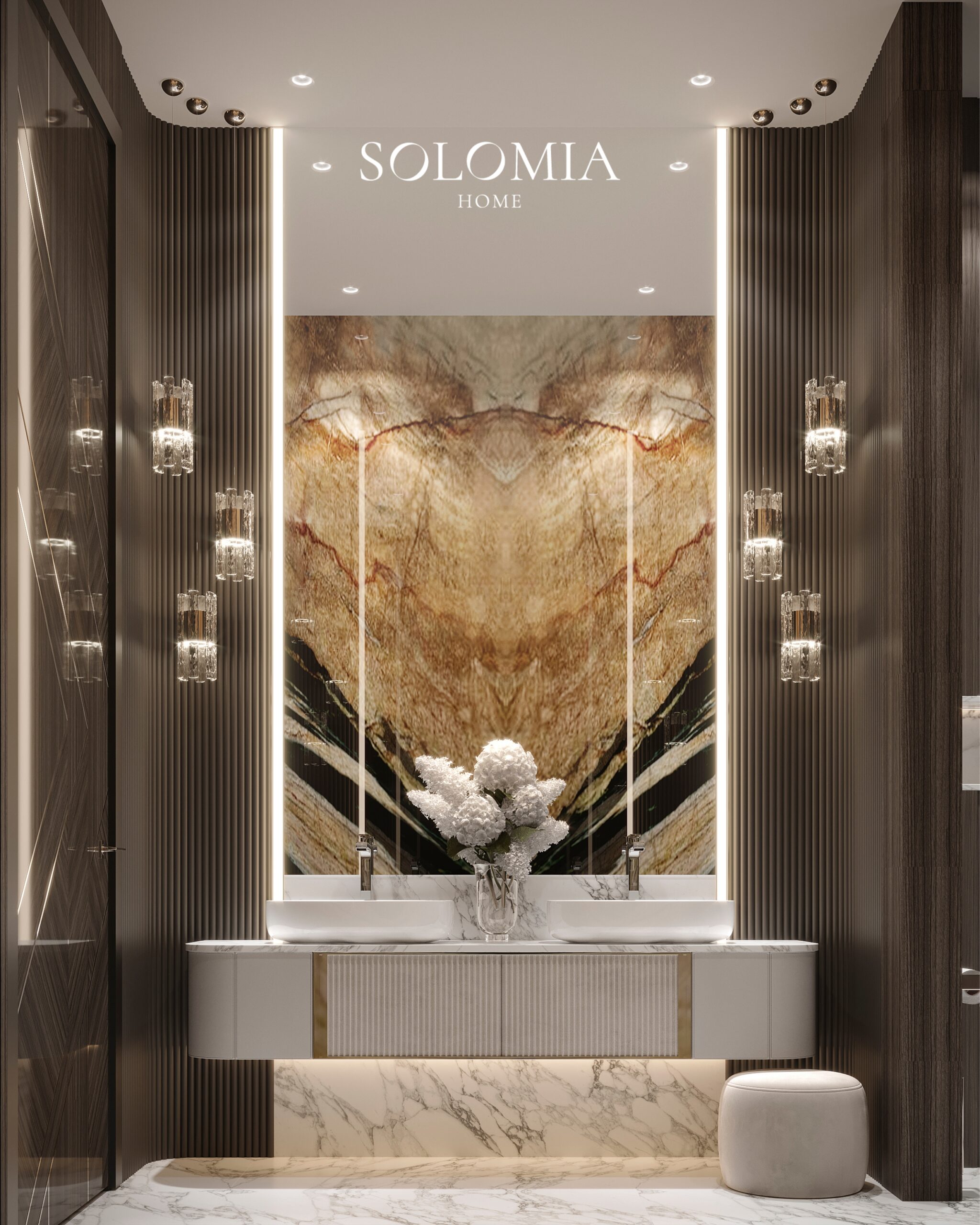 Bathroom with onyx panel and marble vanity, Villa Surrey Great Britain — luxury interior design Surrey, UK