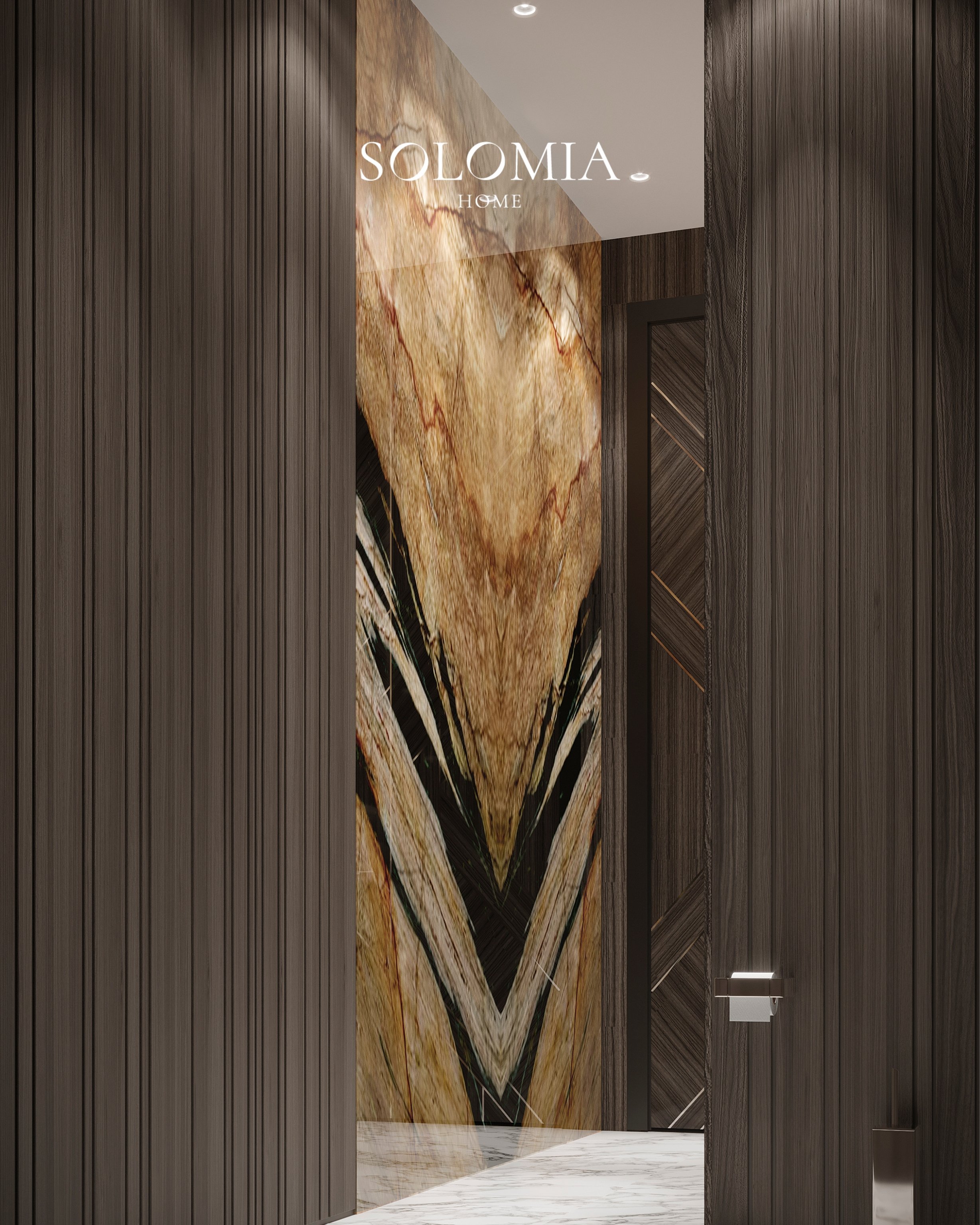 Onyx bathroom panel with wood door, Villa Surrey Great Britain — luxury interior design Surrey, UK