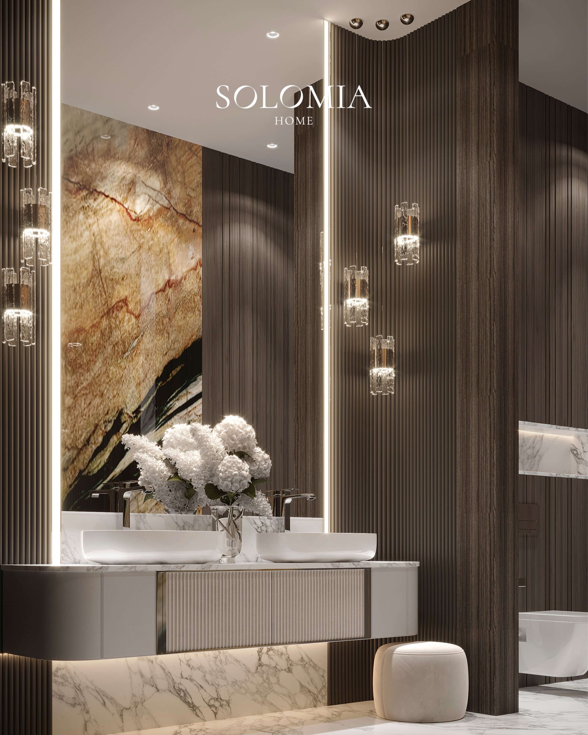 Bathroom with onyx wall and pendant lights, Villa Surrey Great Britain — luxury interior design Surrey, UK