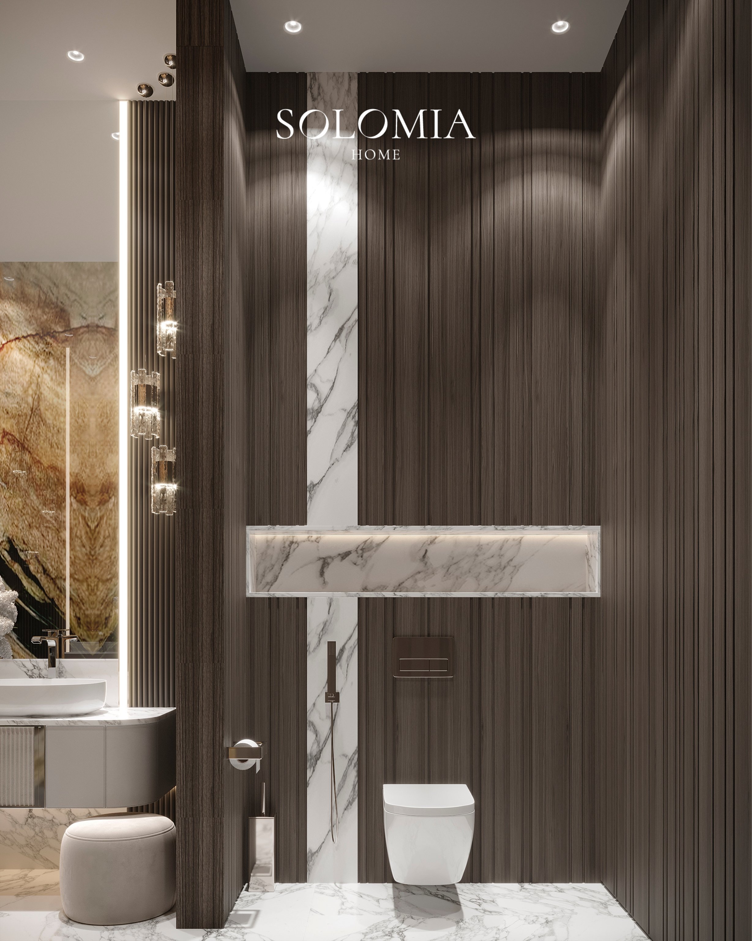 Toilet with marble and wood panelling, Villa Surrey Great Britain — luxury interior design Surrey, UK