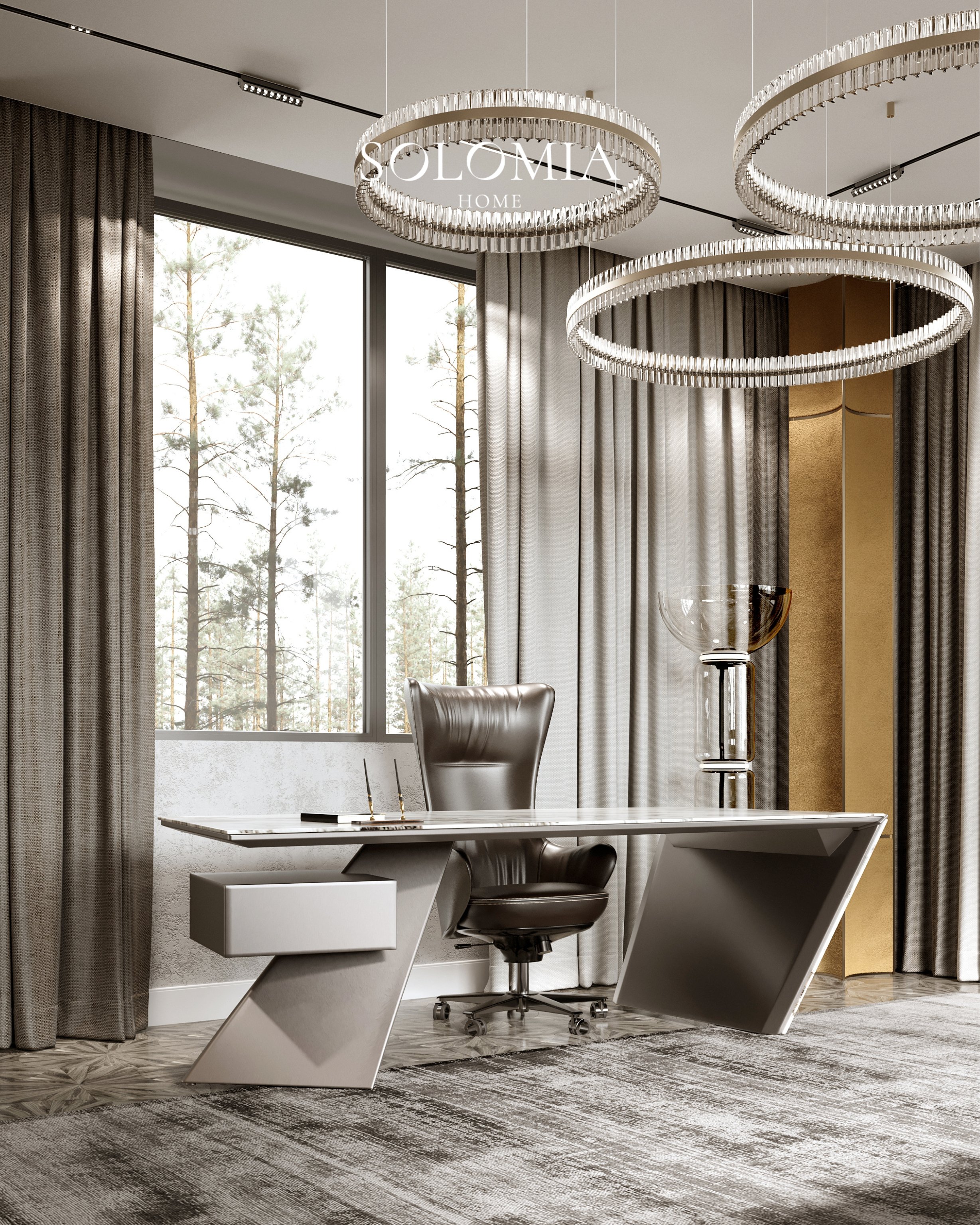 Home office with ring chandeliers and forest view, Villa Surrey Great Britain — luxury interior design Surrey, UK