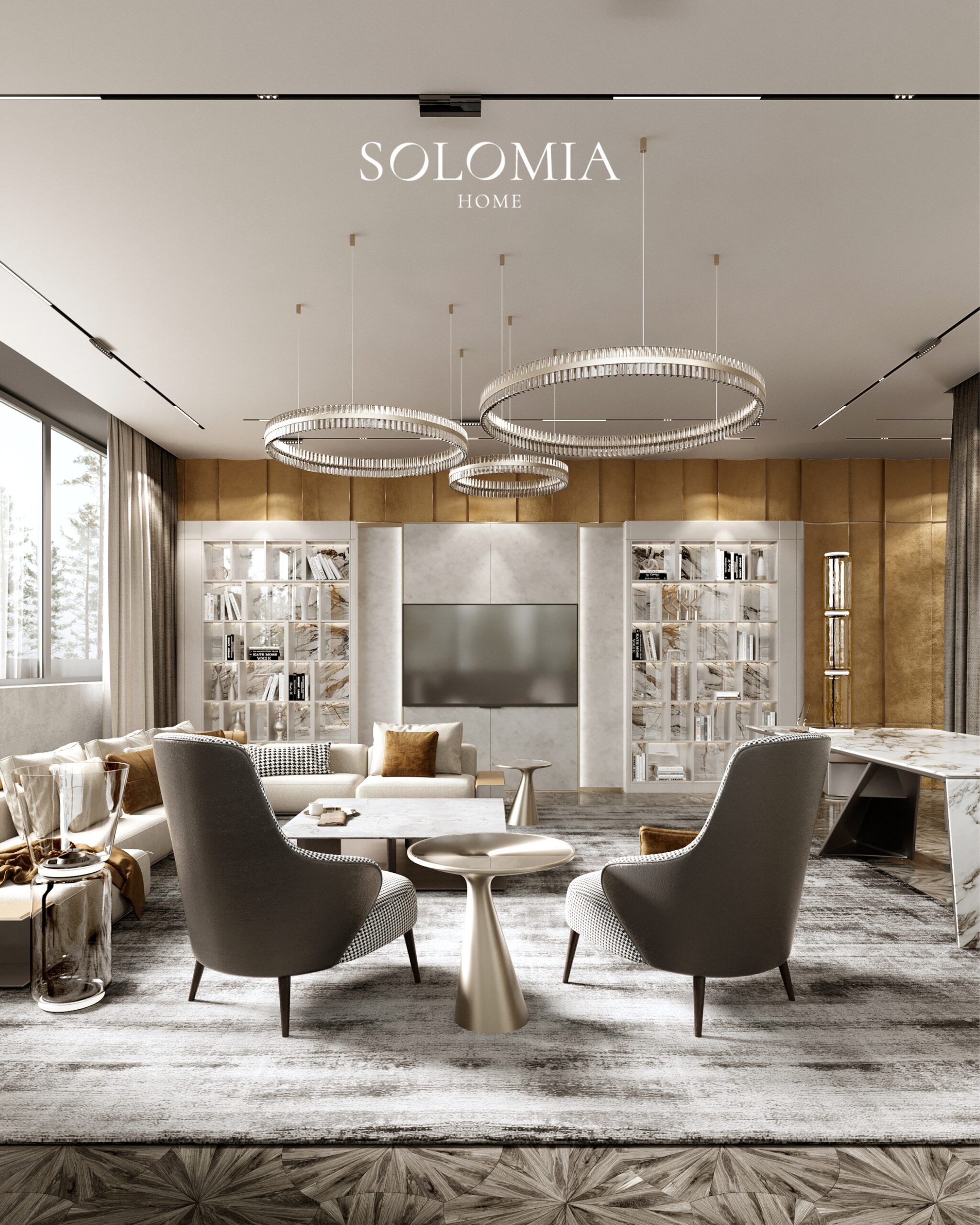 Living room with ring chandeliers and bookshelves, Villa Surrey Great Britain — luxury interior design Surrey, UK