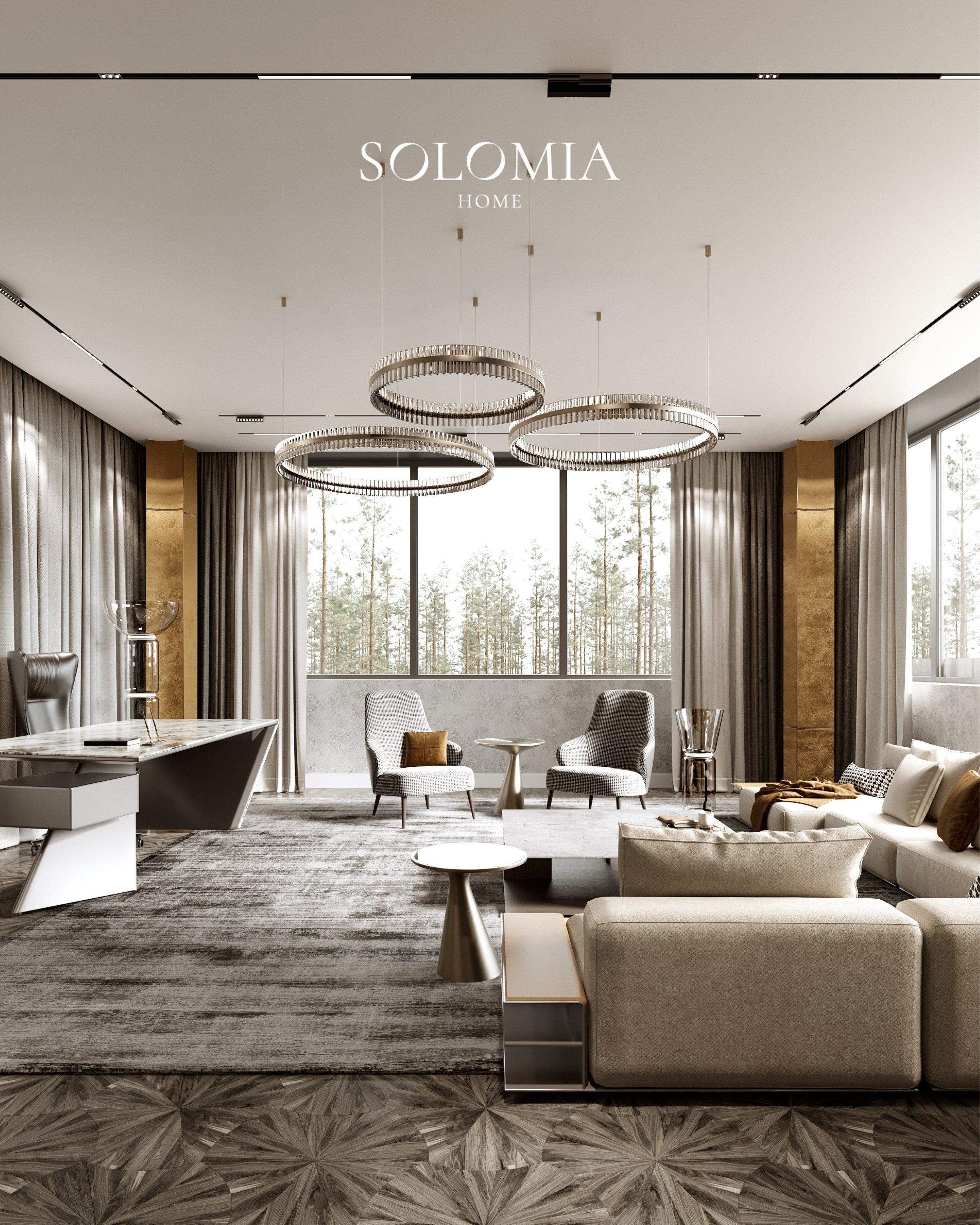 Lounge with ring chandeliers and grey armchairs, Villa Surrey Great Britain — luxury interior design Surrey, UK