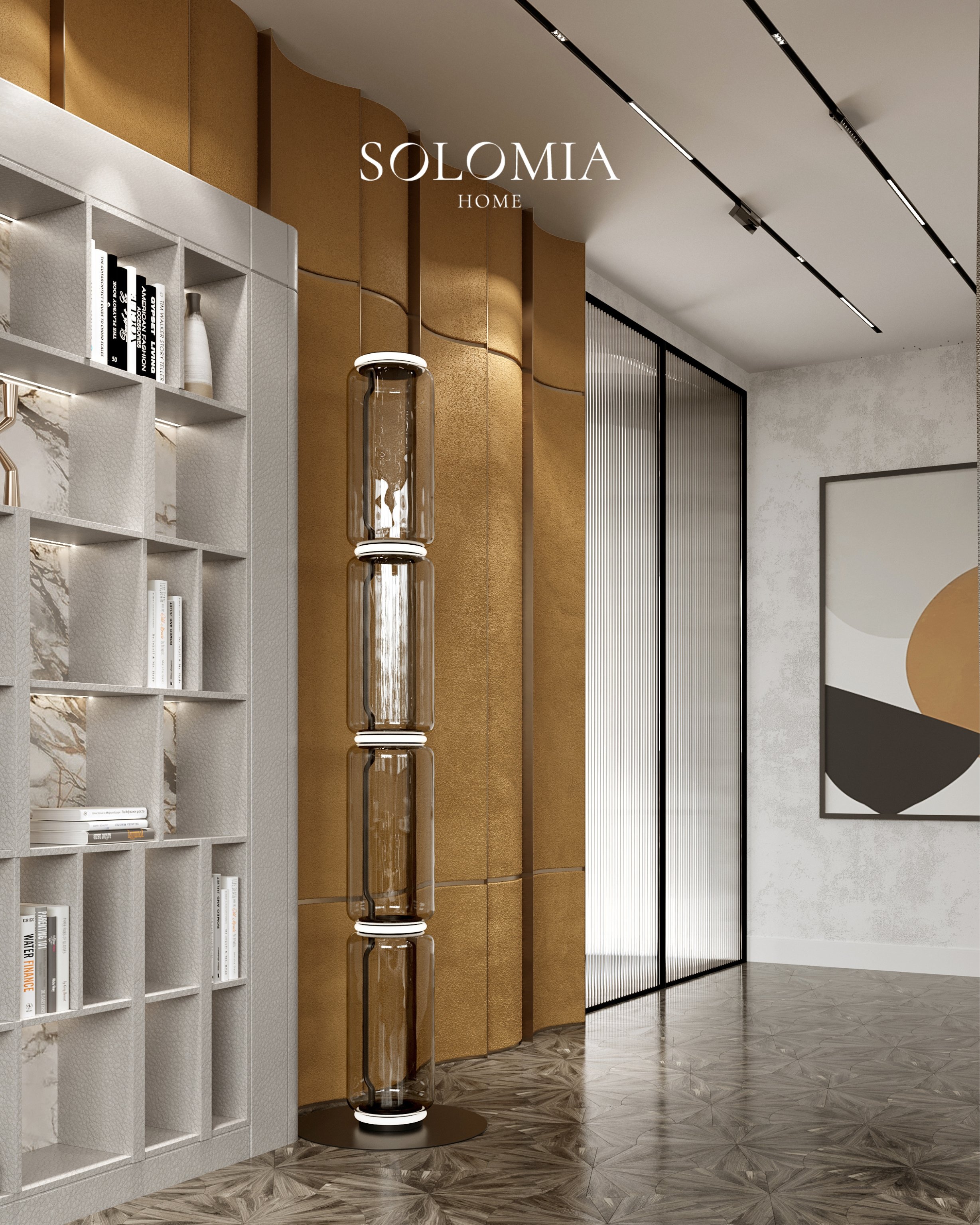 Hall with white bookshelves and column light, Villa Surrey Great Britain — luxury interior design Surrey, UK