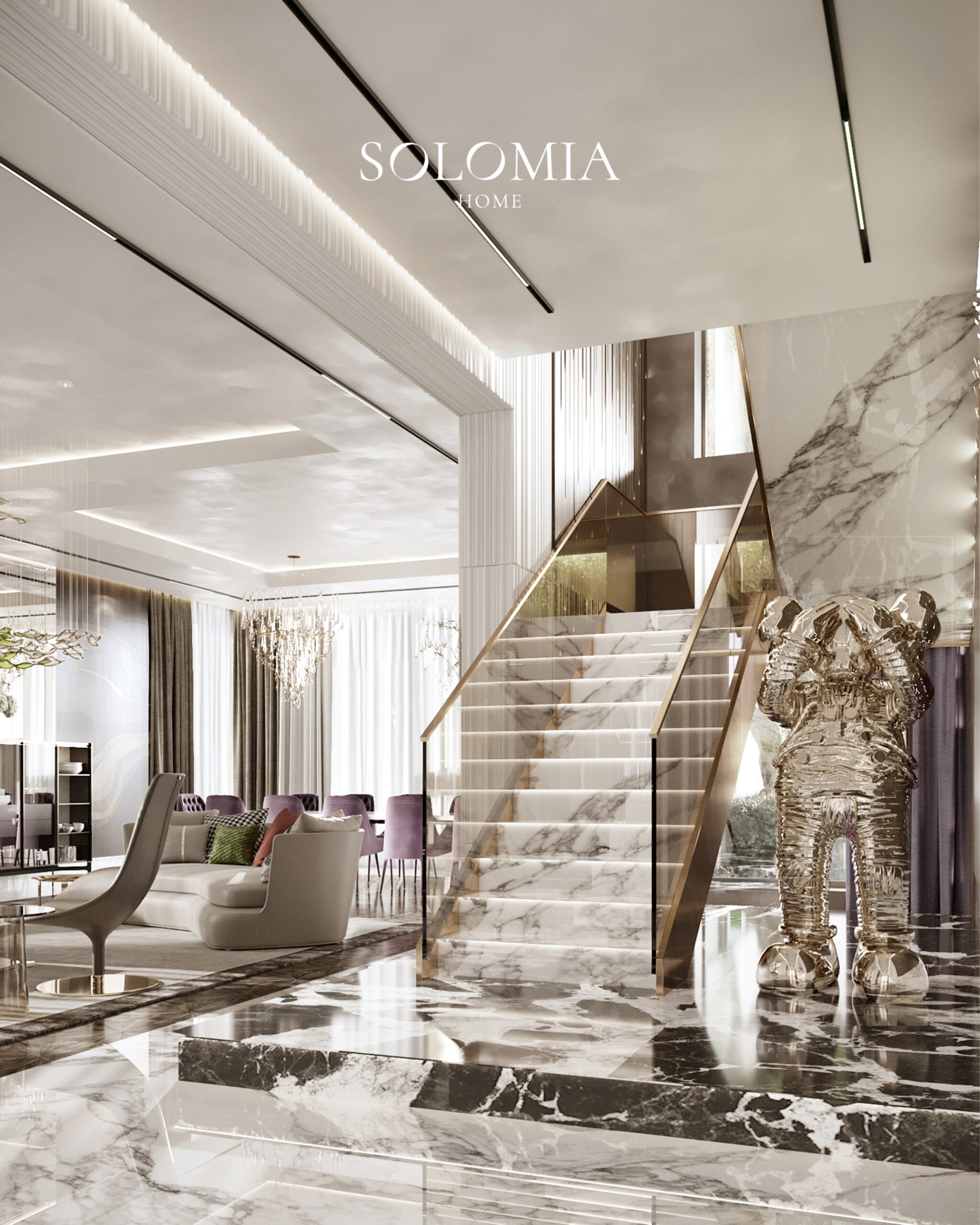 Hall with marble staircase and bronze sculpture, Villa Surrey Great Britain — luxury interior design Surrey, UK