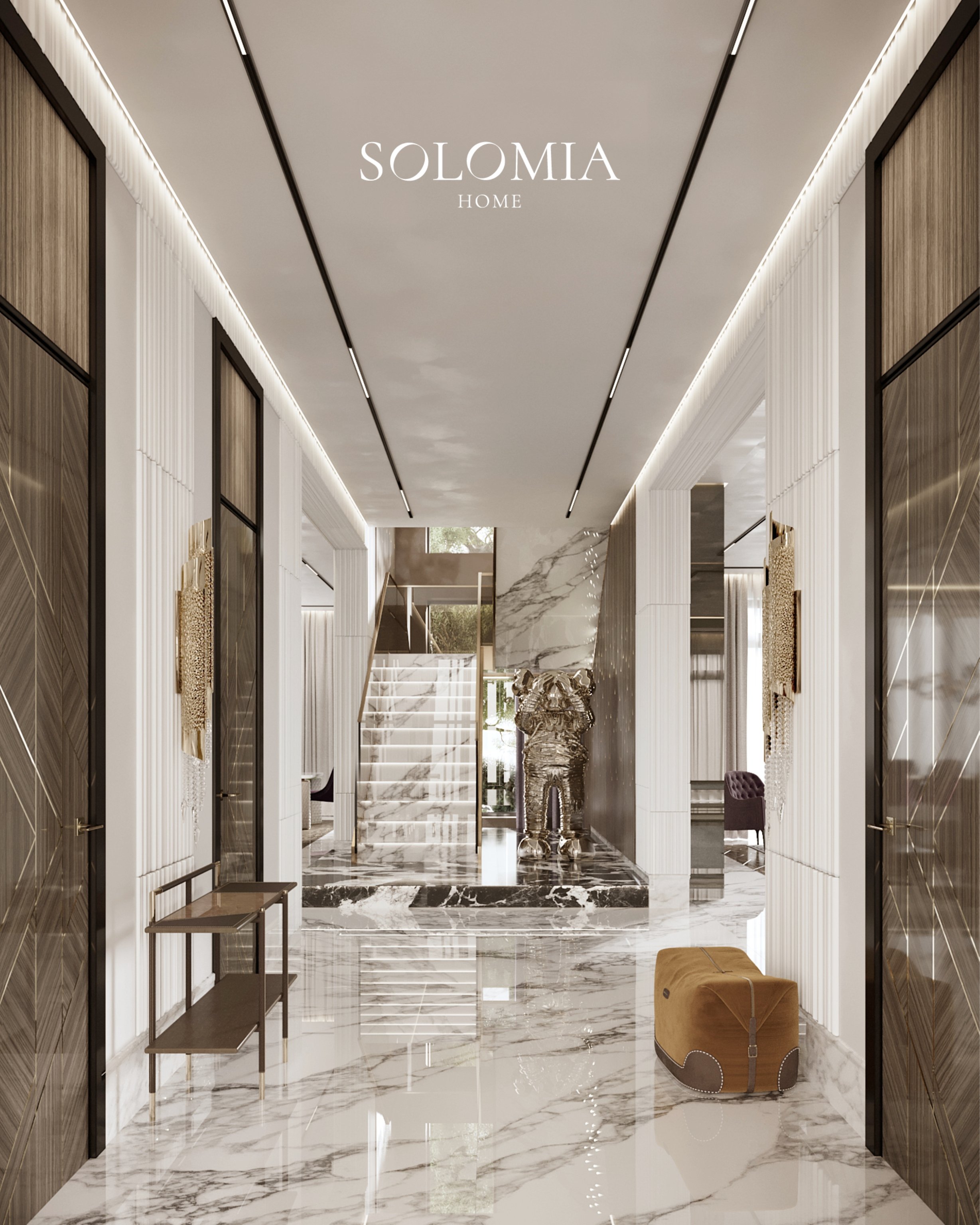 Marble corridor with pendant lights, Villa Surrey Great Britain — luxury interior design Surrey, UK