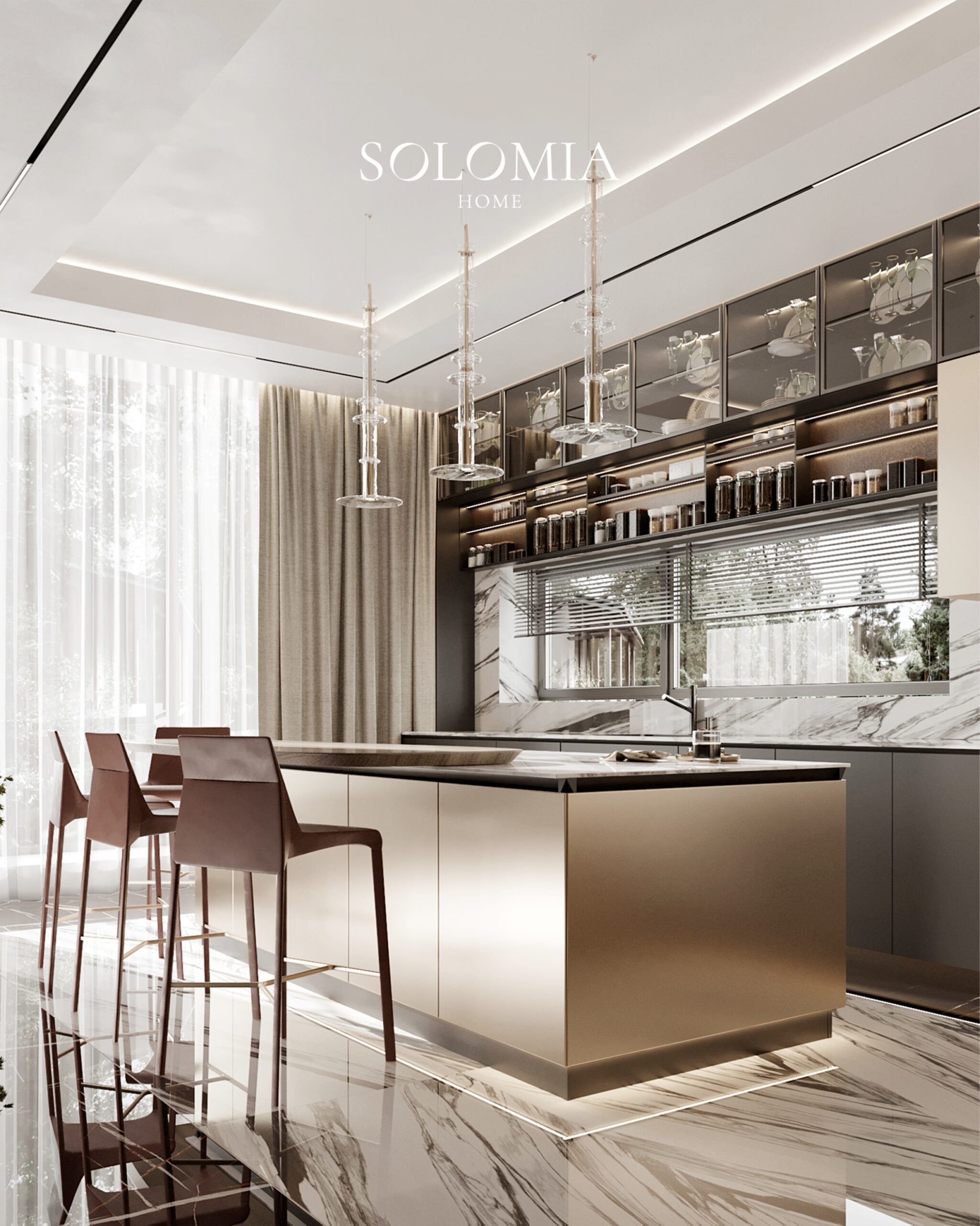Kitchen with bronze island and glass cabinets, Villa Surrey Great Britain — luxury interior design Surrey, UK