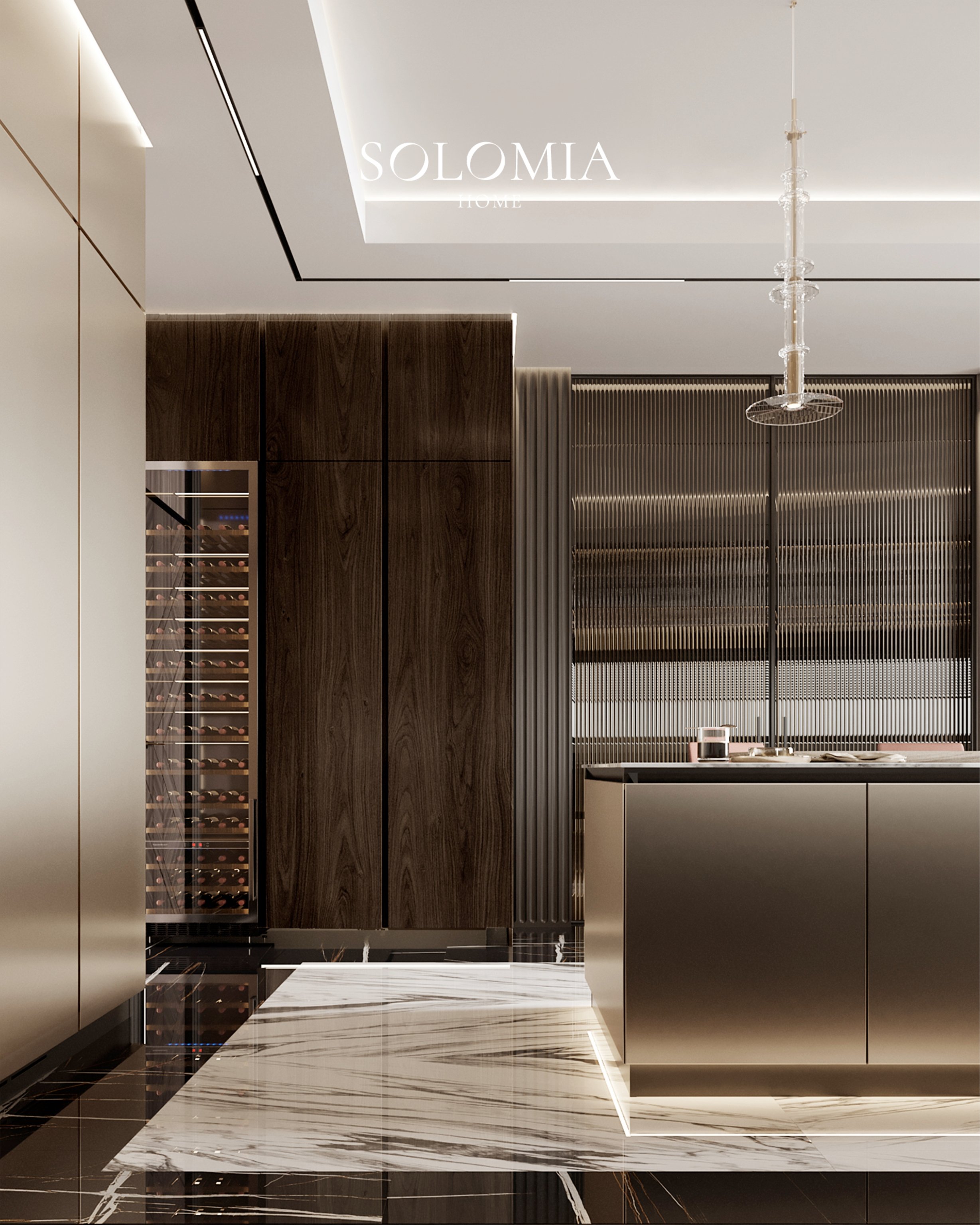 Kitchen with bronze island and wine cabinet, Villa Surrey Great Britain — luxury interior design Surrey, UK