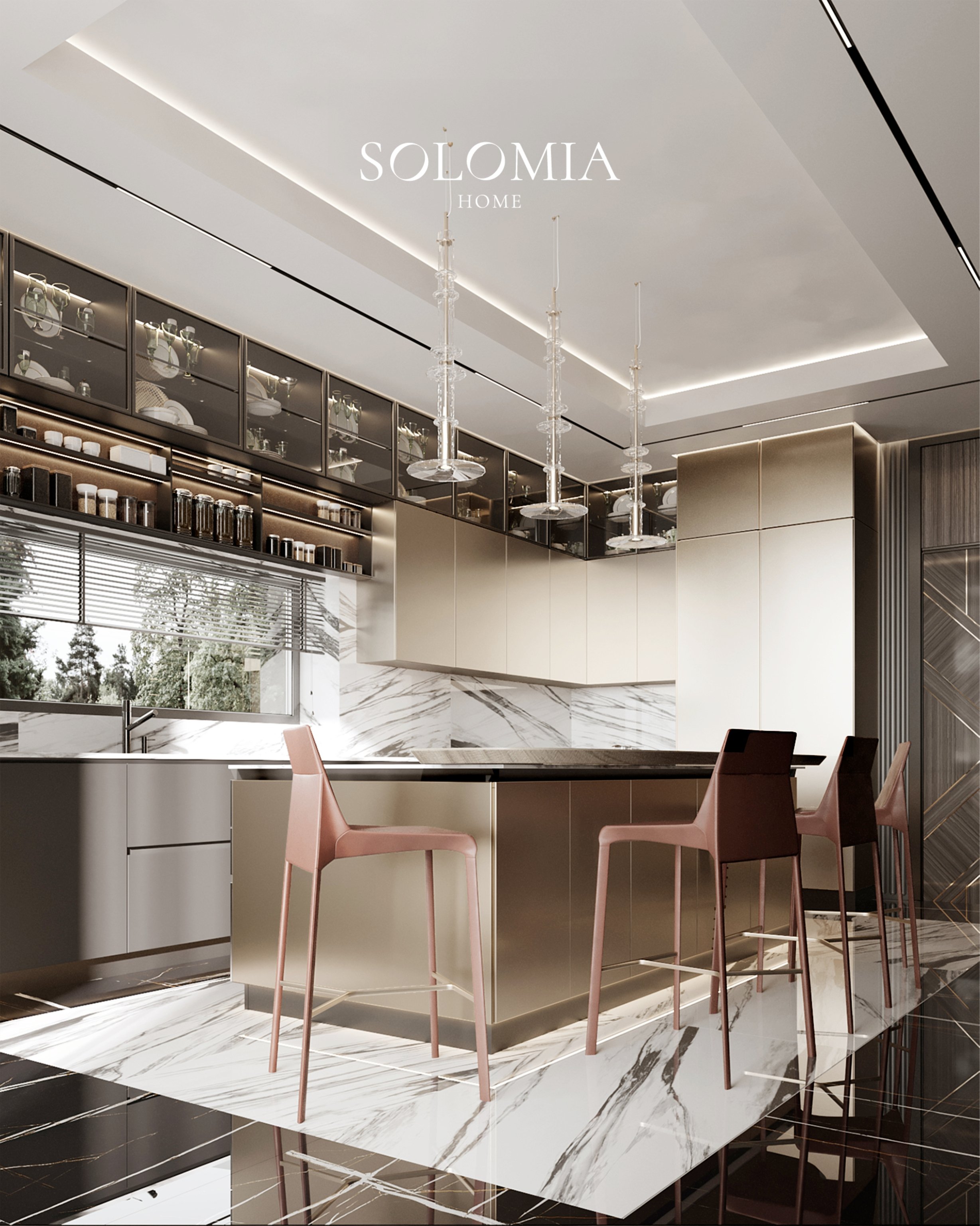 Kitchen with bronze island and bar stools, Villa Surrey Great Britain — luxury interior design Surrey, UK