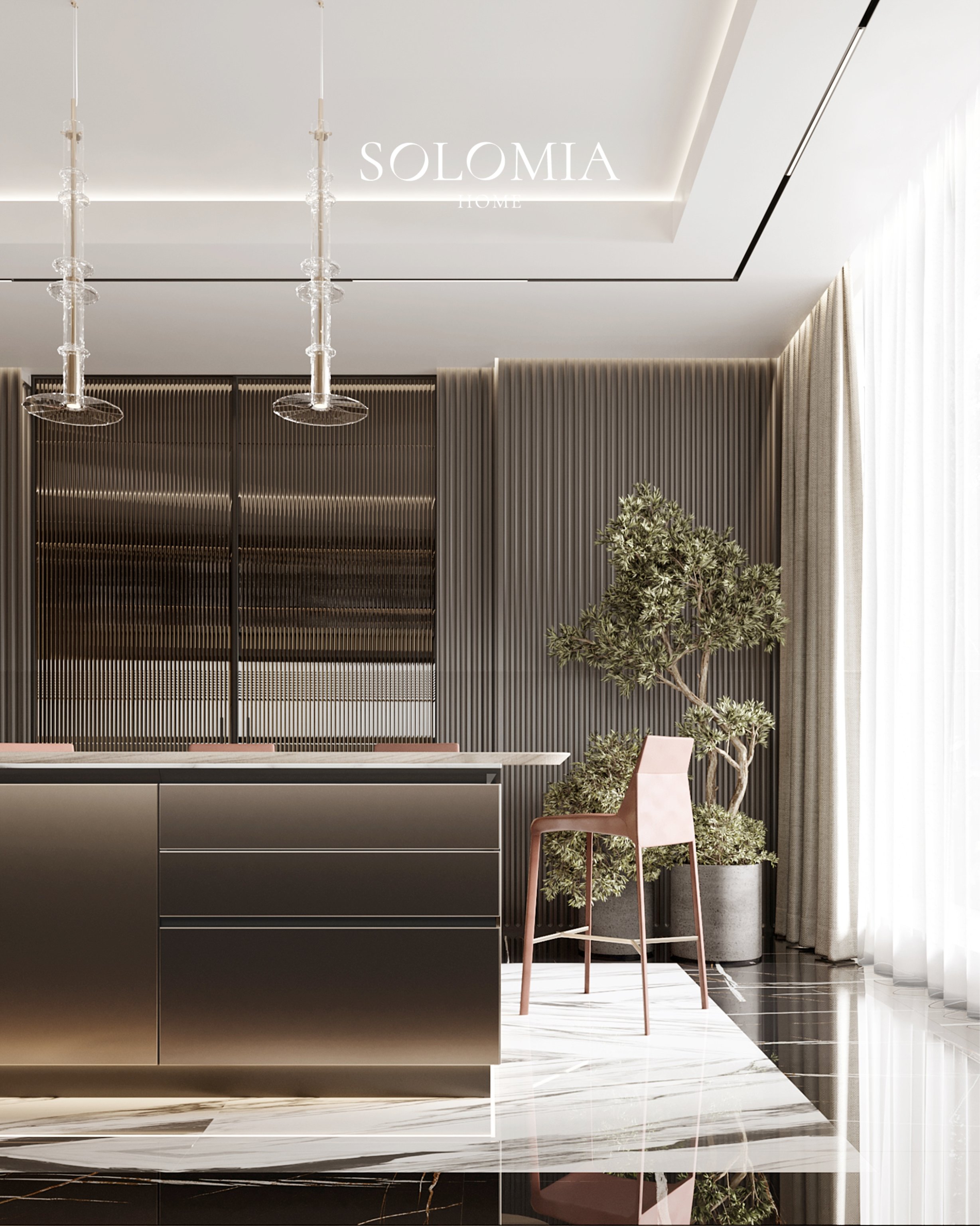Kitchen island with glass pendants, Villa Surrey Great Britain — luxury interior design Surrey, UK