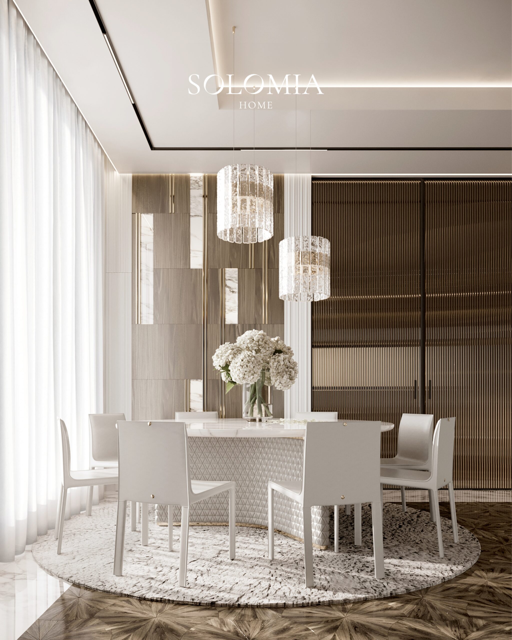 Dining room with white chairs and crystal lights, Villa Surrey Great Britain — luxury interior design Surrey, UK