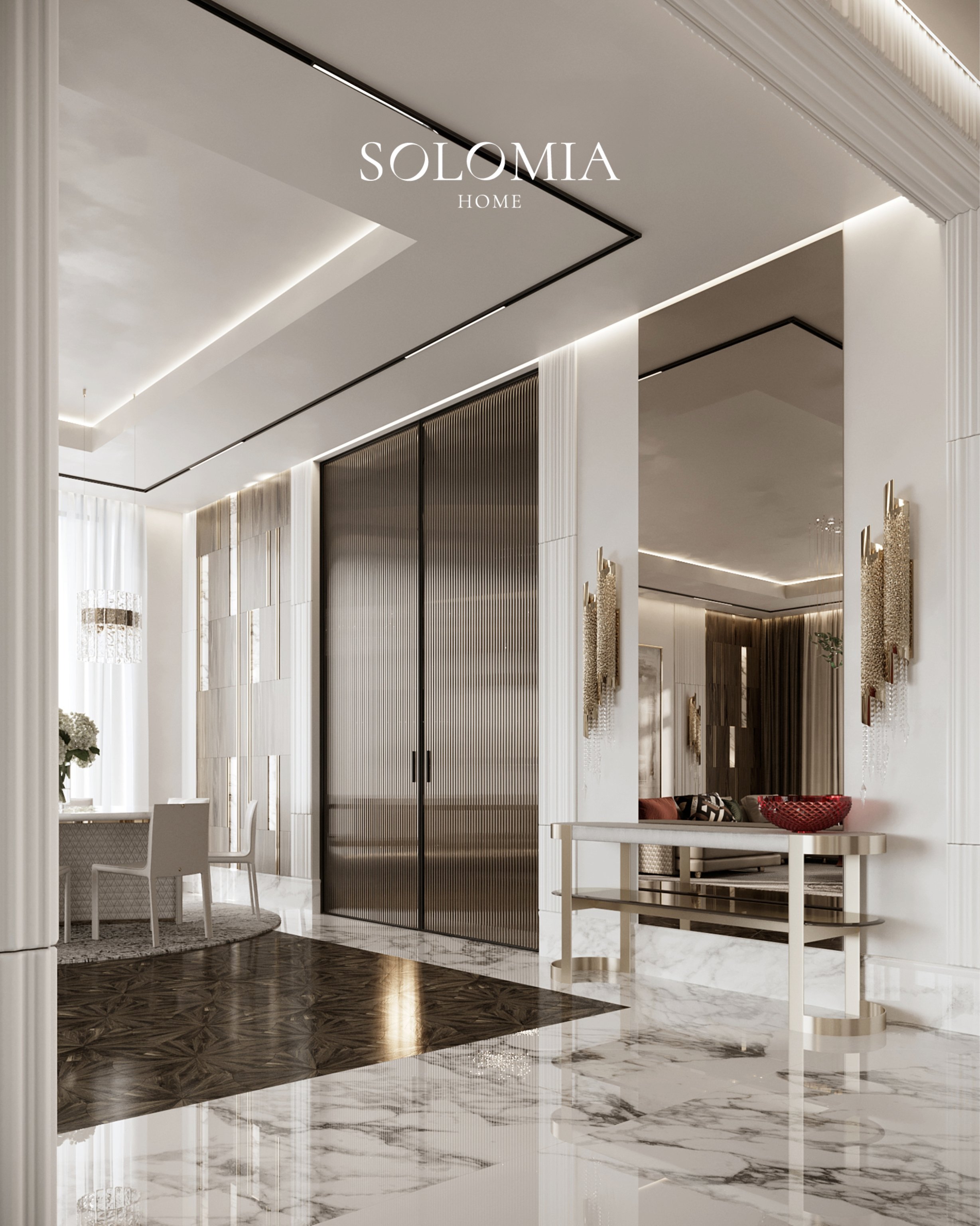 Hall with glass doors and console, Villa Surrey Great Britain — luxury interior design Surrey, UK