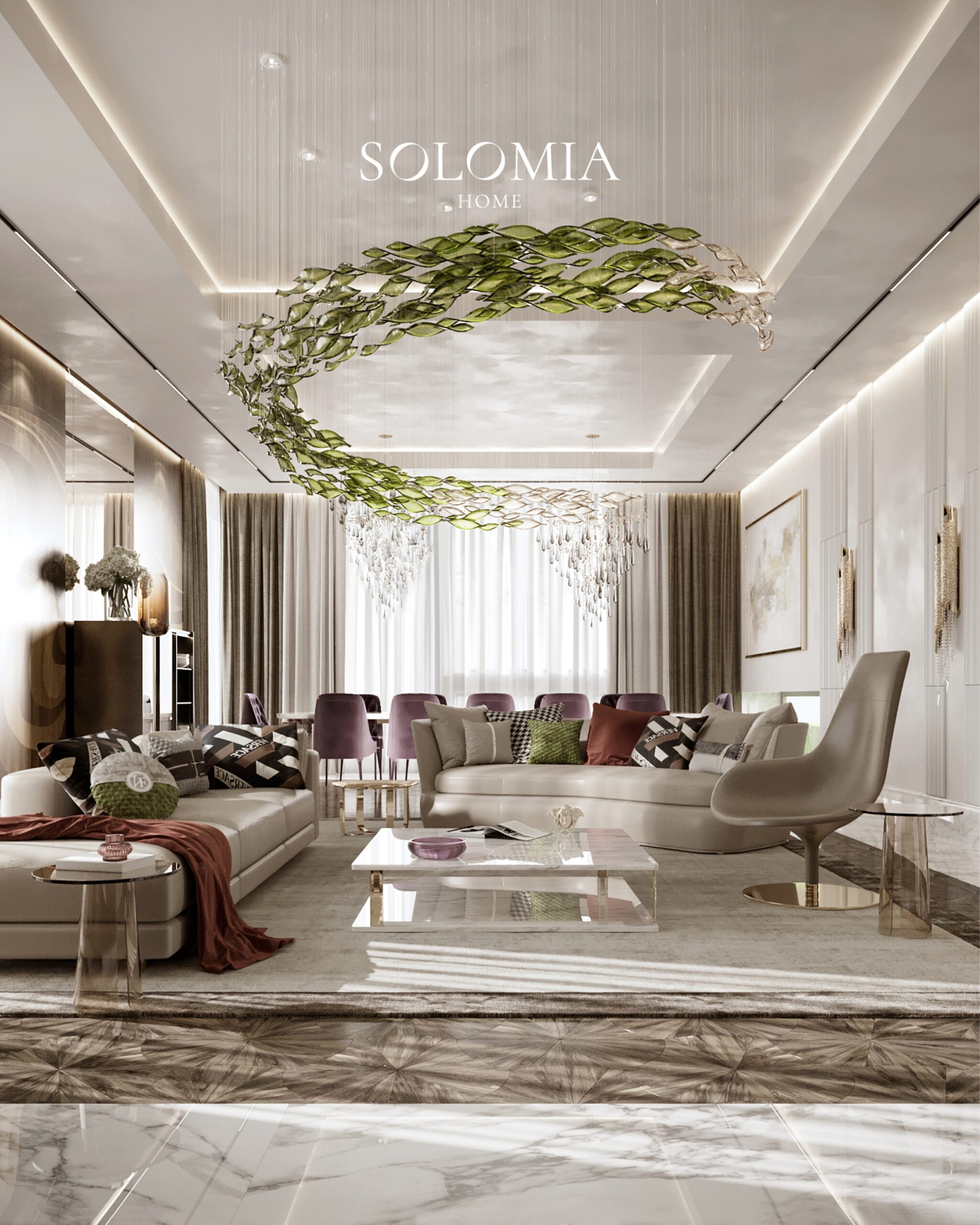 Lounge with green glass sculpture and sofas, Villa Surrey Great Britain — luxury interior design Surrey, UK