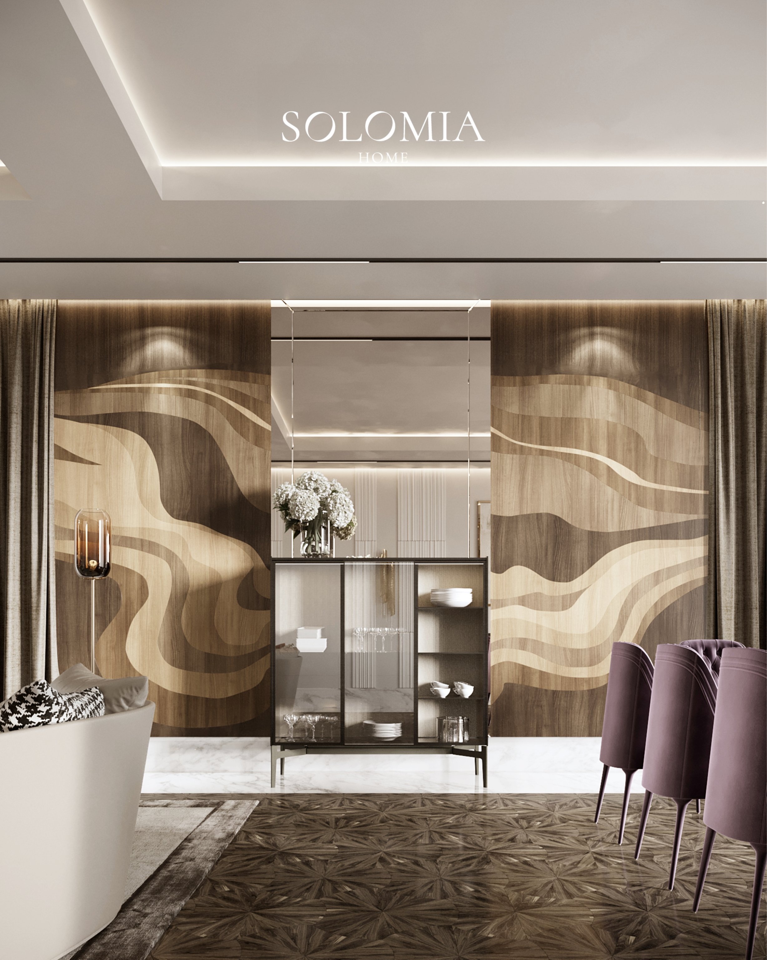 Living room with wood-inlay wall panels, Villa Surrey Great Britain — luxury interior design Surrey, UK