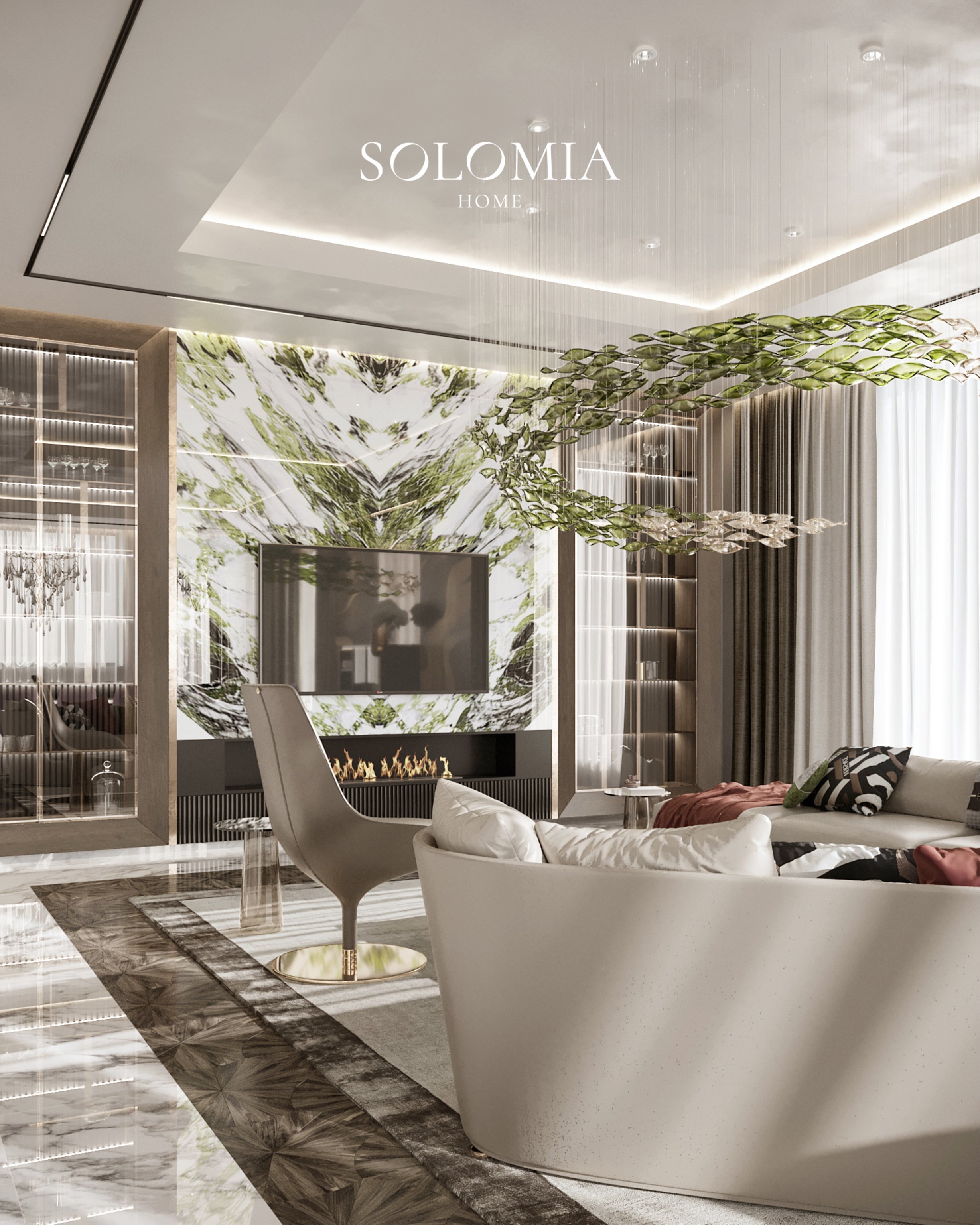 Lounge with marble fireplace and green art, Villa Surrey Great Britain — luxury interior design Surrey, UK