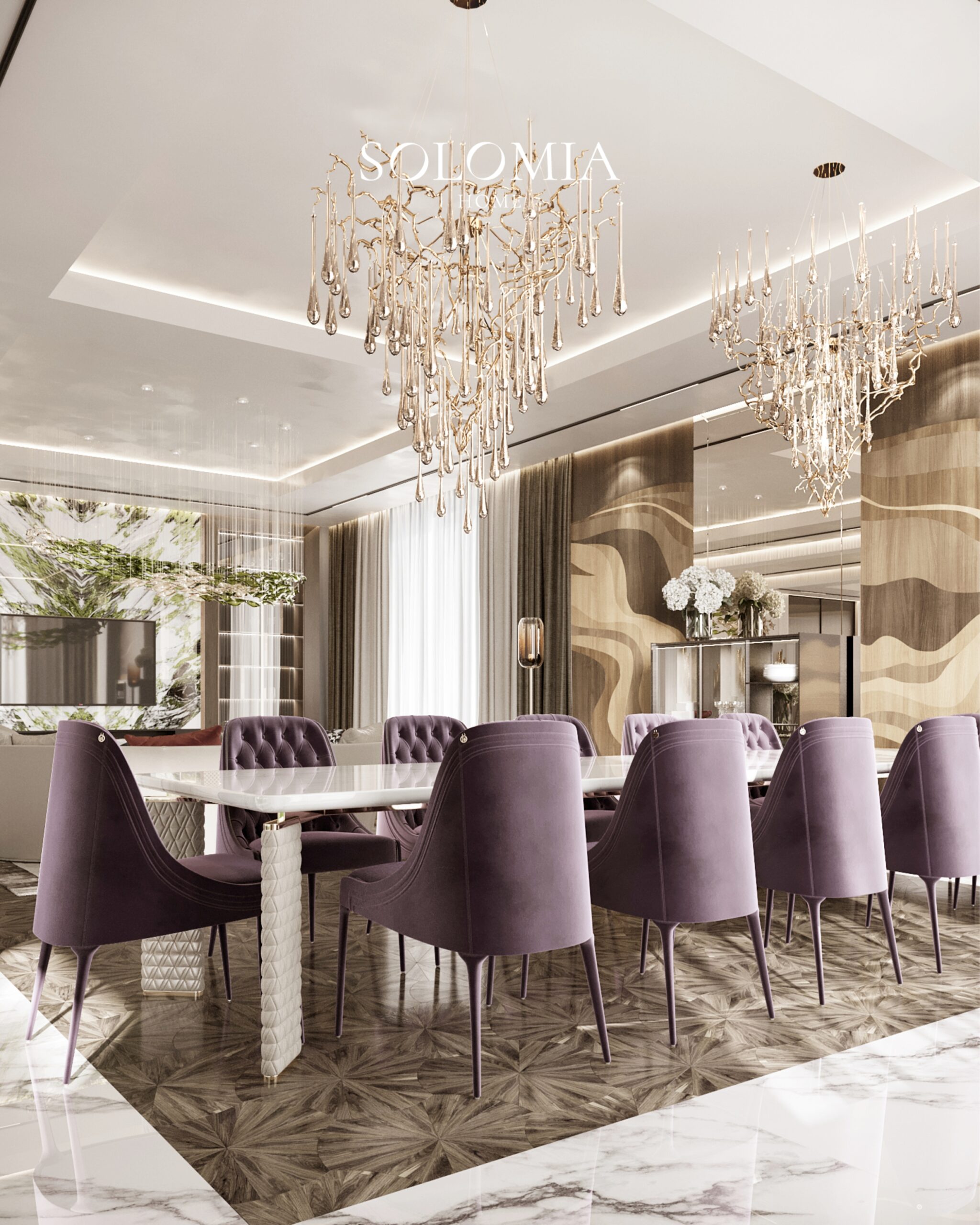 Dining table with purple velvet chairs, Villa Surrey Great Britain — luxury interior design Surrey, UK