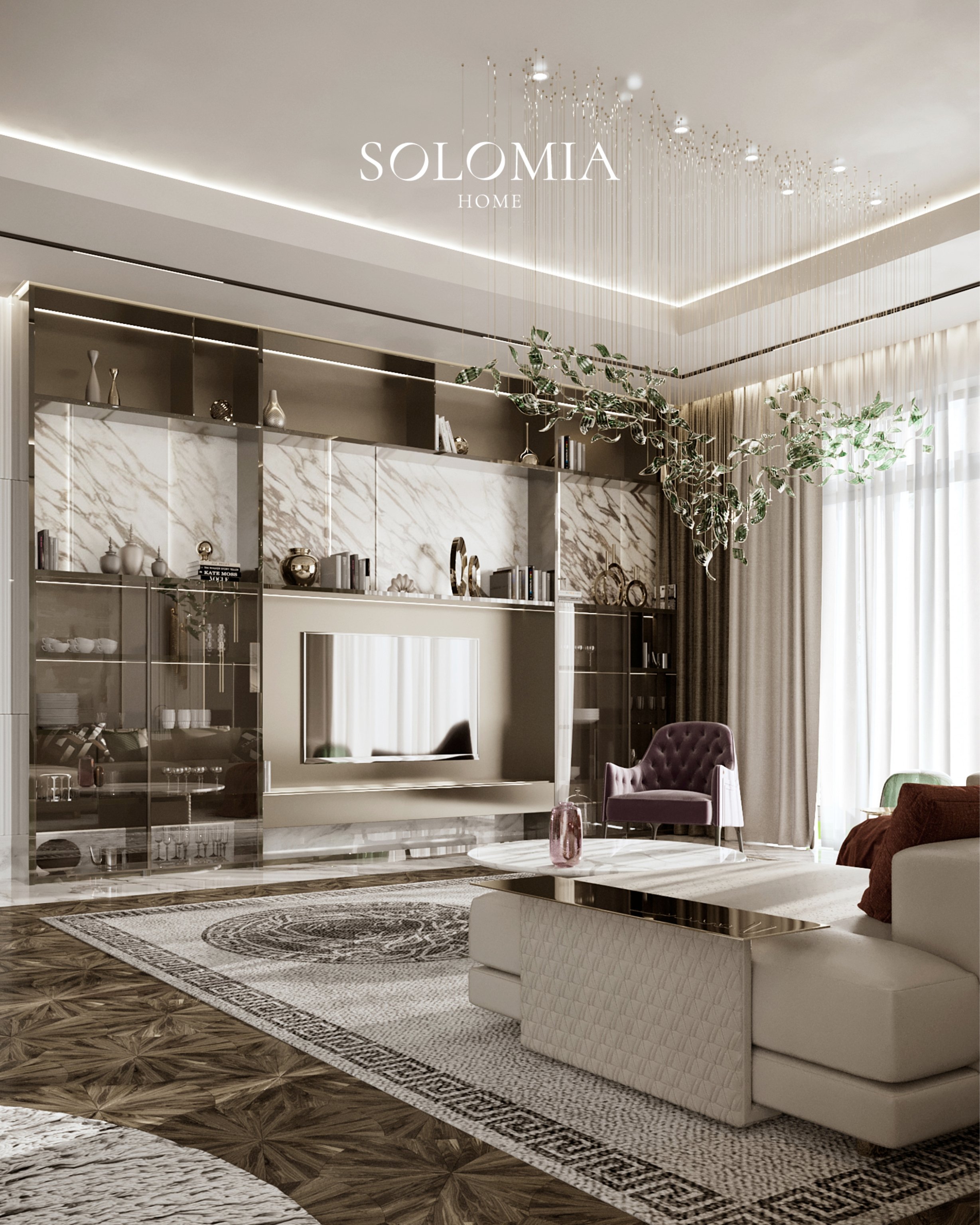 Living room with marble shelving, Villa Surrey Great Britain — luxury interior design Surrey, UK