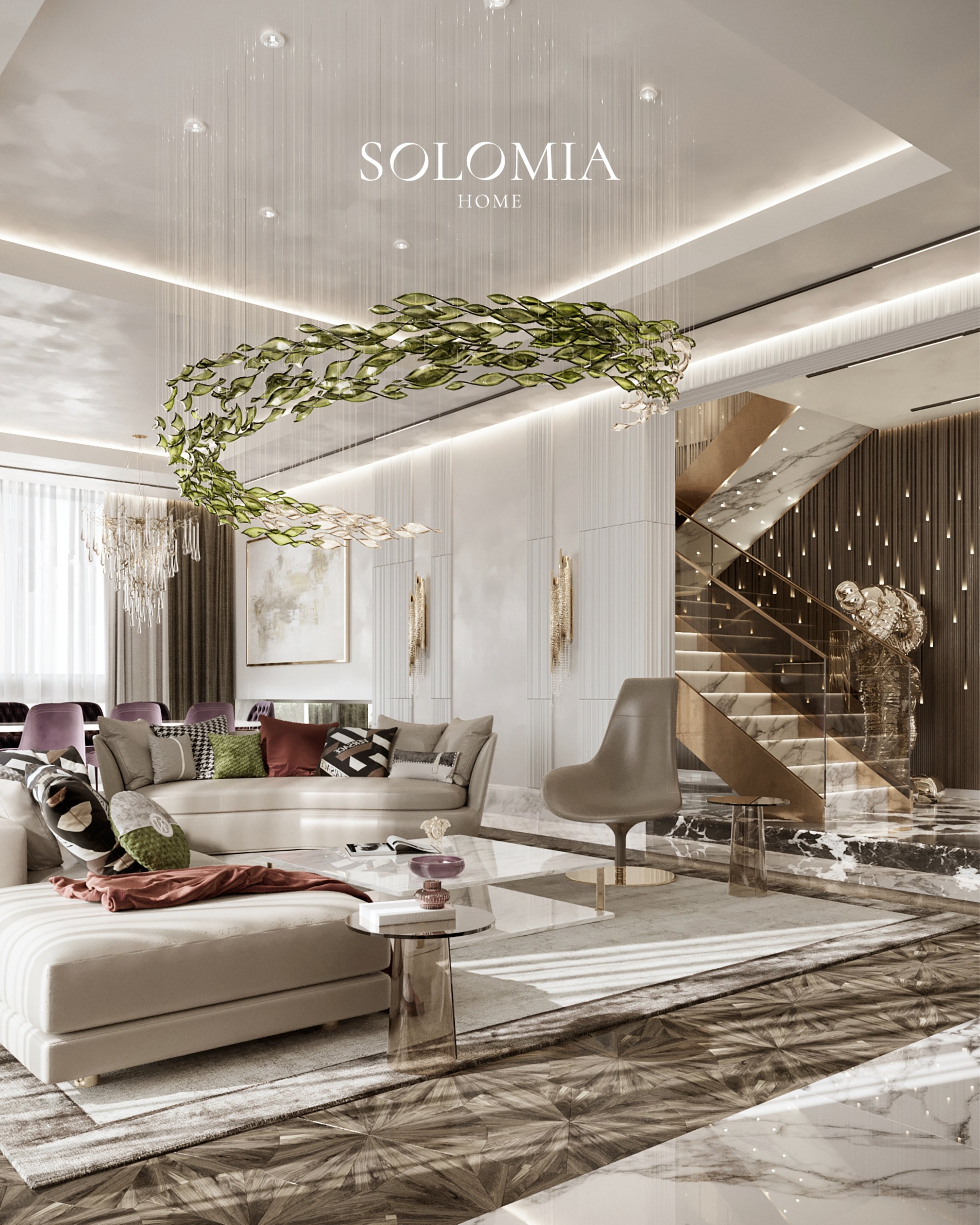 Lounge with sofa and staircase, Villa Surrey Great Britain — luxury interior design Surrey, UK