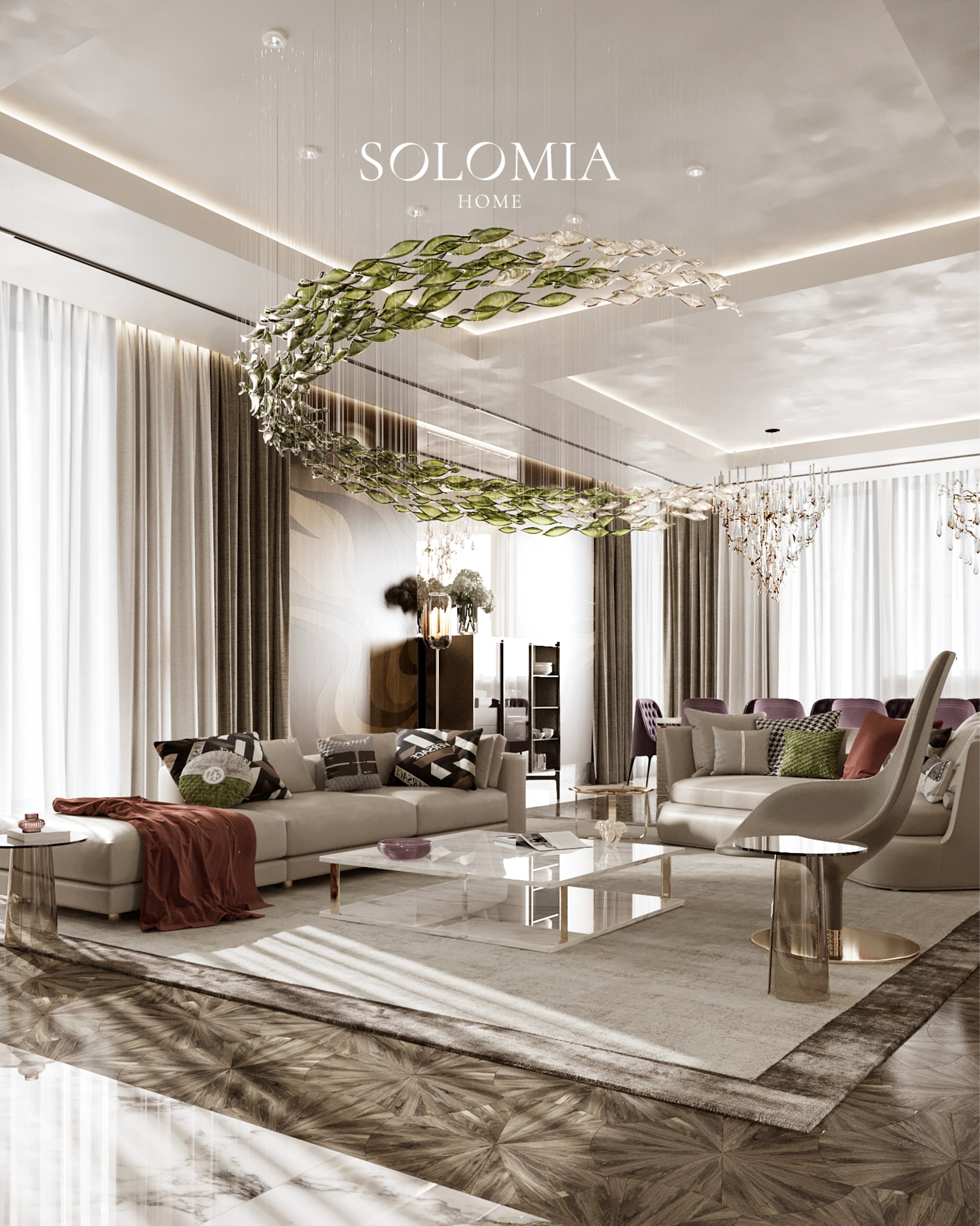 Living room with green glass art and armchair, Villa Surrey Great Britain — luxury interior design Surrey, UK