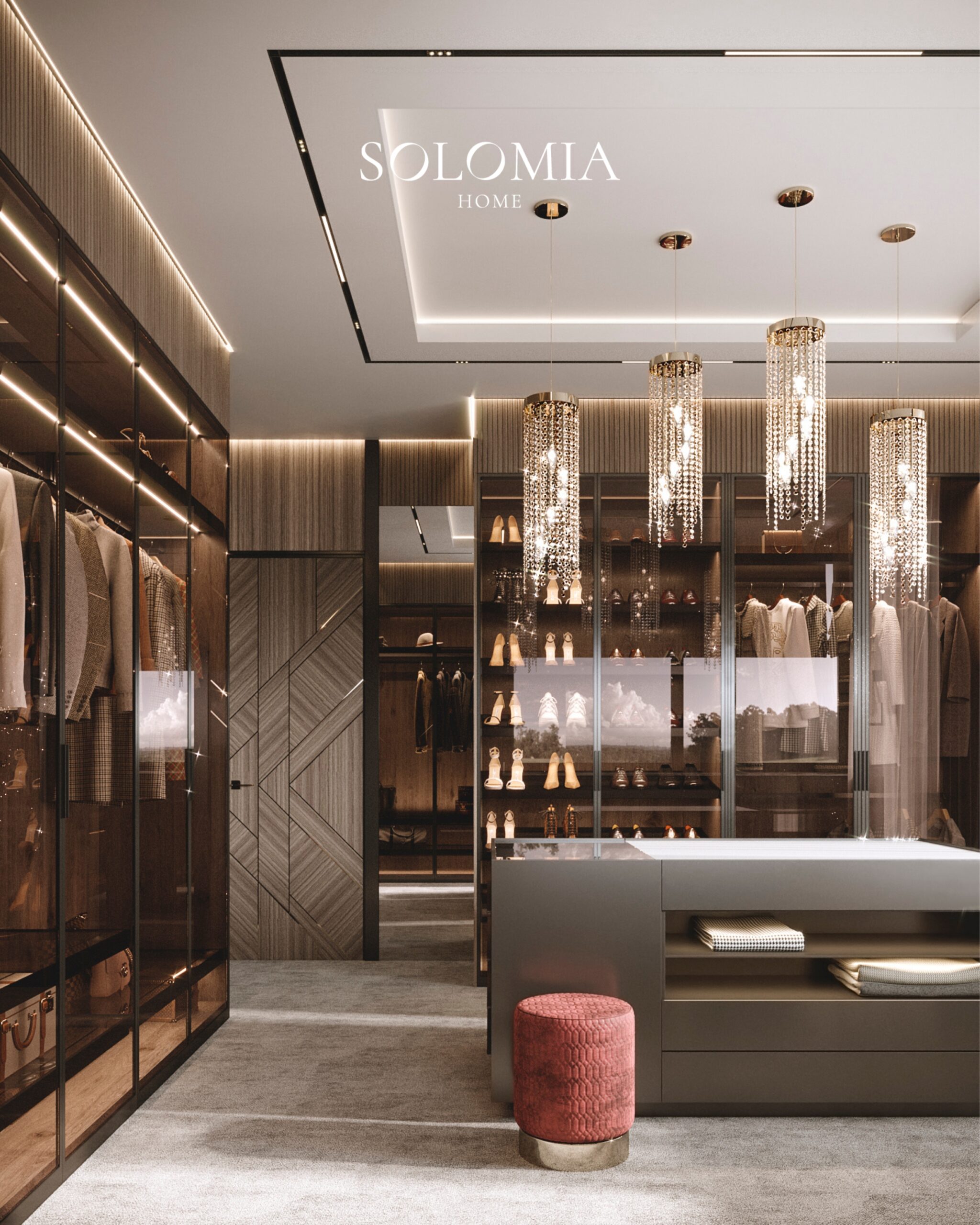 Walk-in wardrobe with crystal lights, Villa Surrey Great Britain — luxury interior design Surrey, UK
