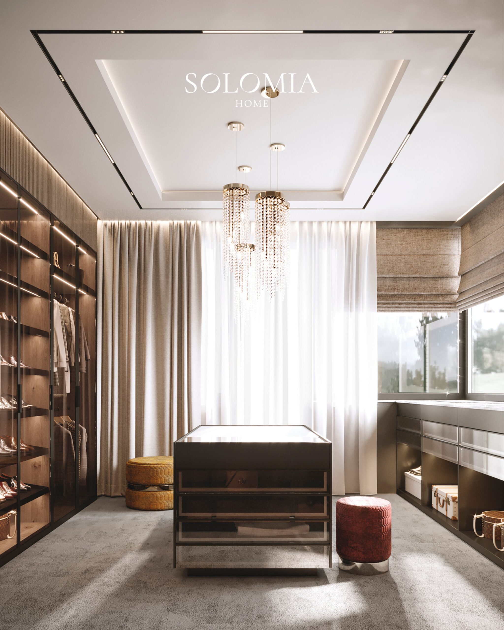 Dressing room with island and window, Villa Surrey Great Britain — luxury interior design Surrey, UK