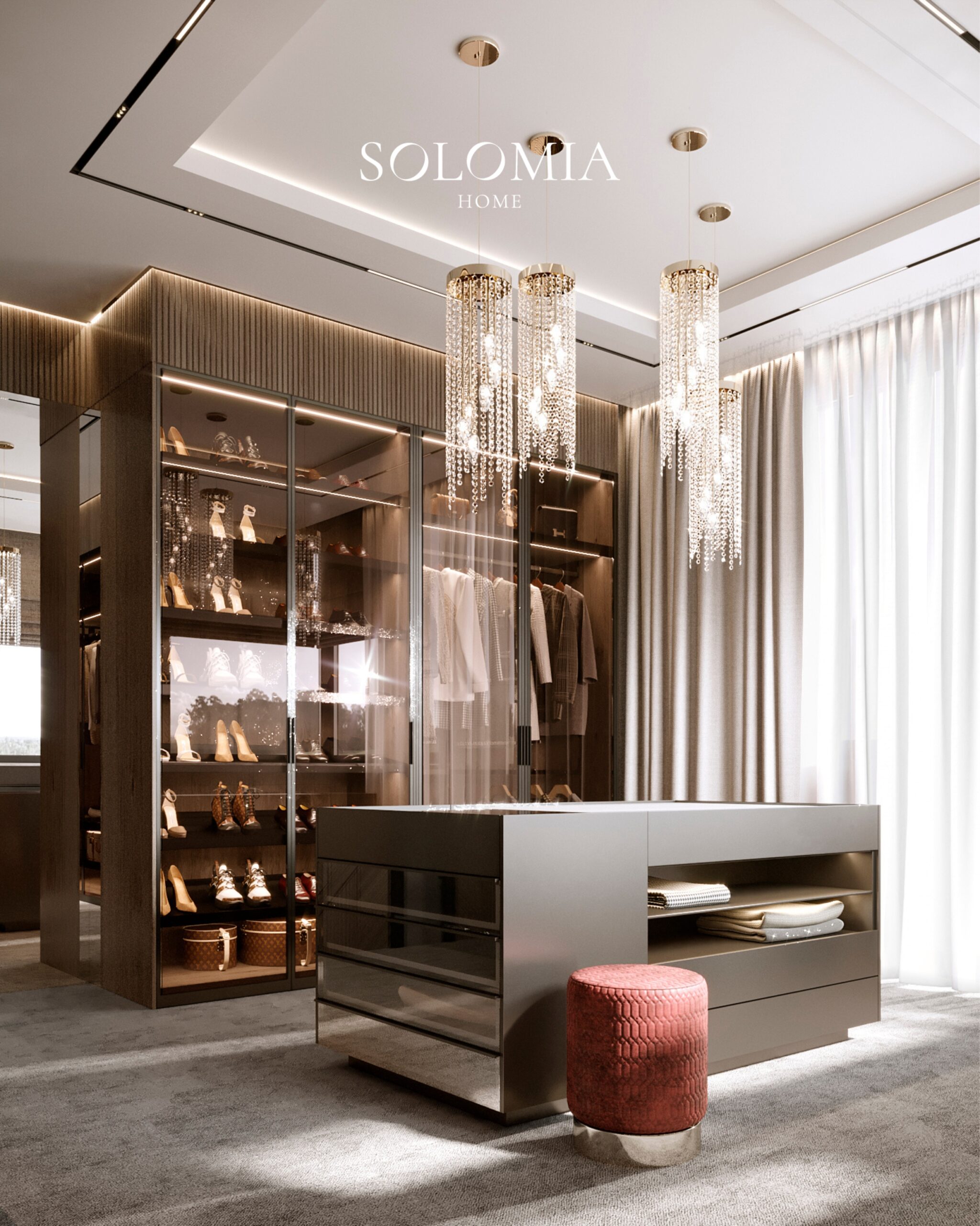 Walk-in wardrobe with shoe display, Villa Surrey Great Britain — luxury interior design Surrey, UK