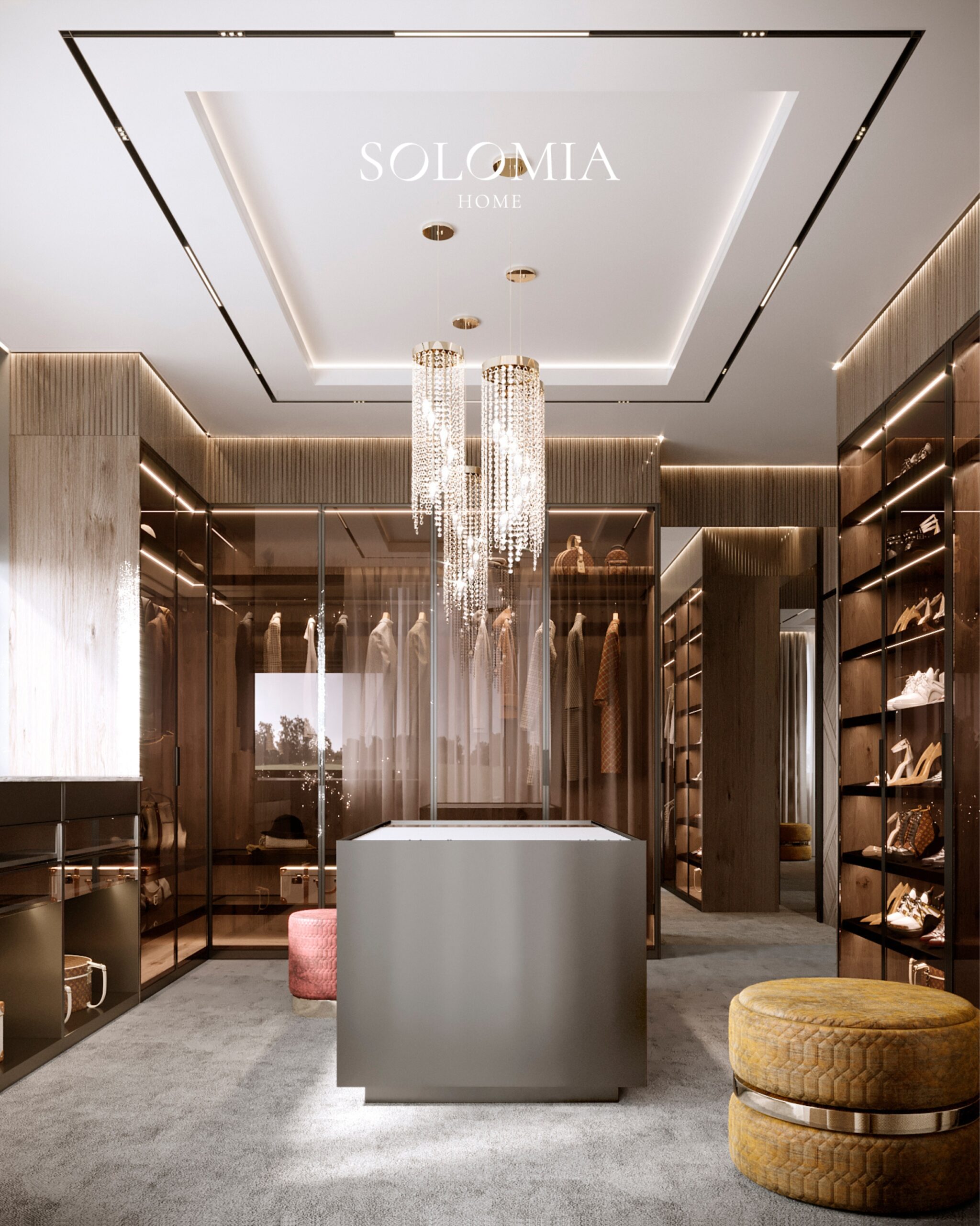 Dressing room with island and pouf, Villa Surrey Great Britain — luxury interior design Surrey, UK