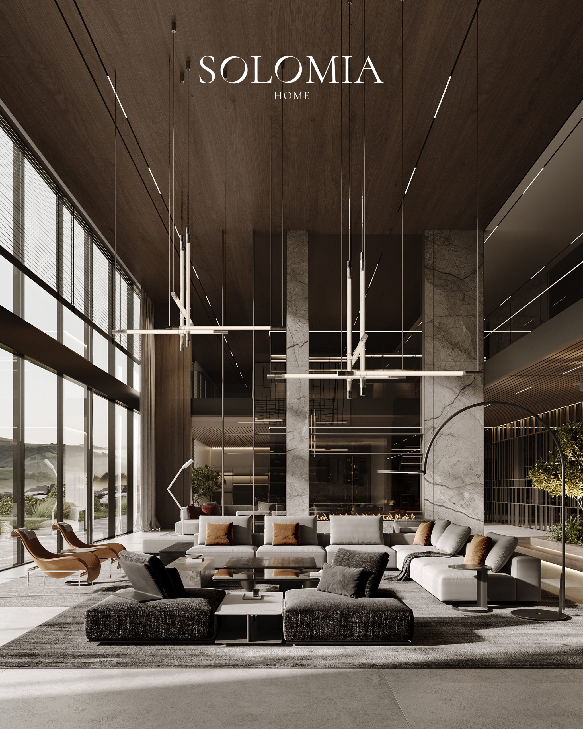 Double-height living room with grey sofa, District One Dubai — luxury interior design Dubai