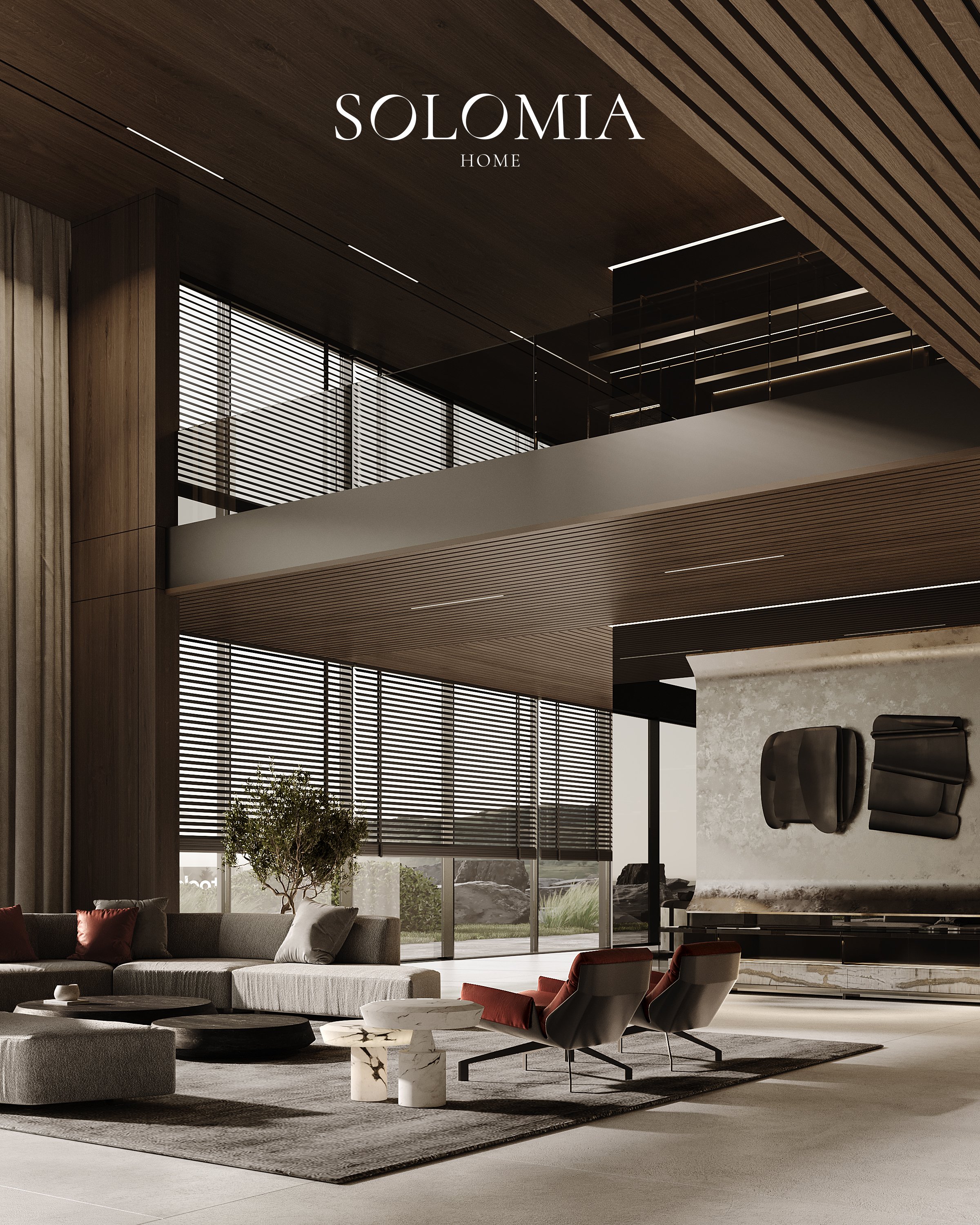 Living room with wood ceiling and city view, District One Dubai — luxury interior design Dubai