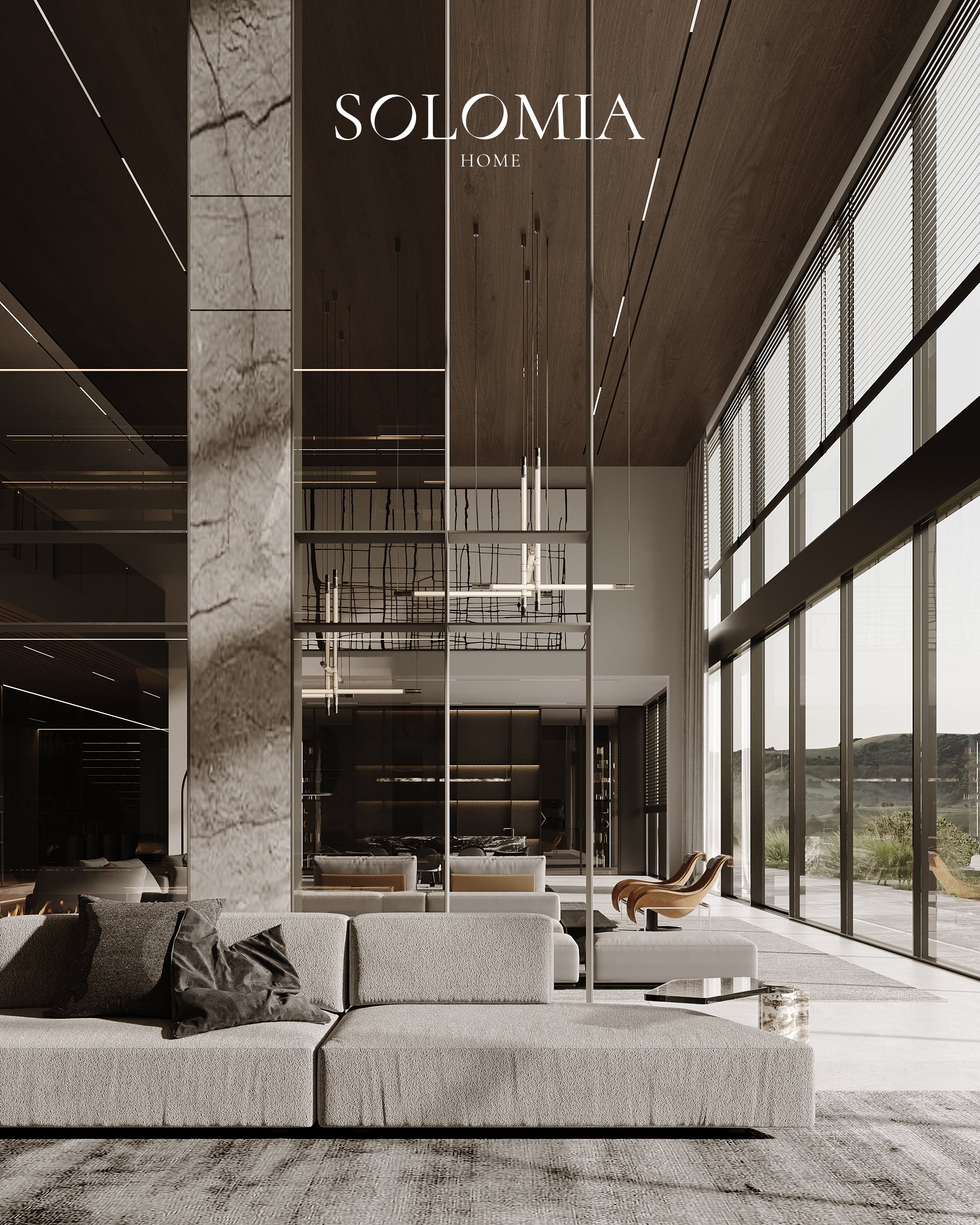 Double-height lounge with marble column, District One Dubai — luxury interior design Dubai