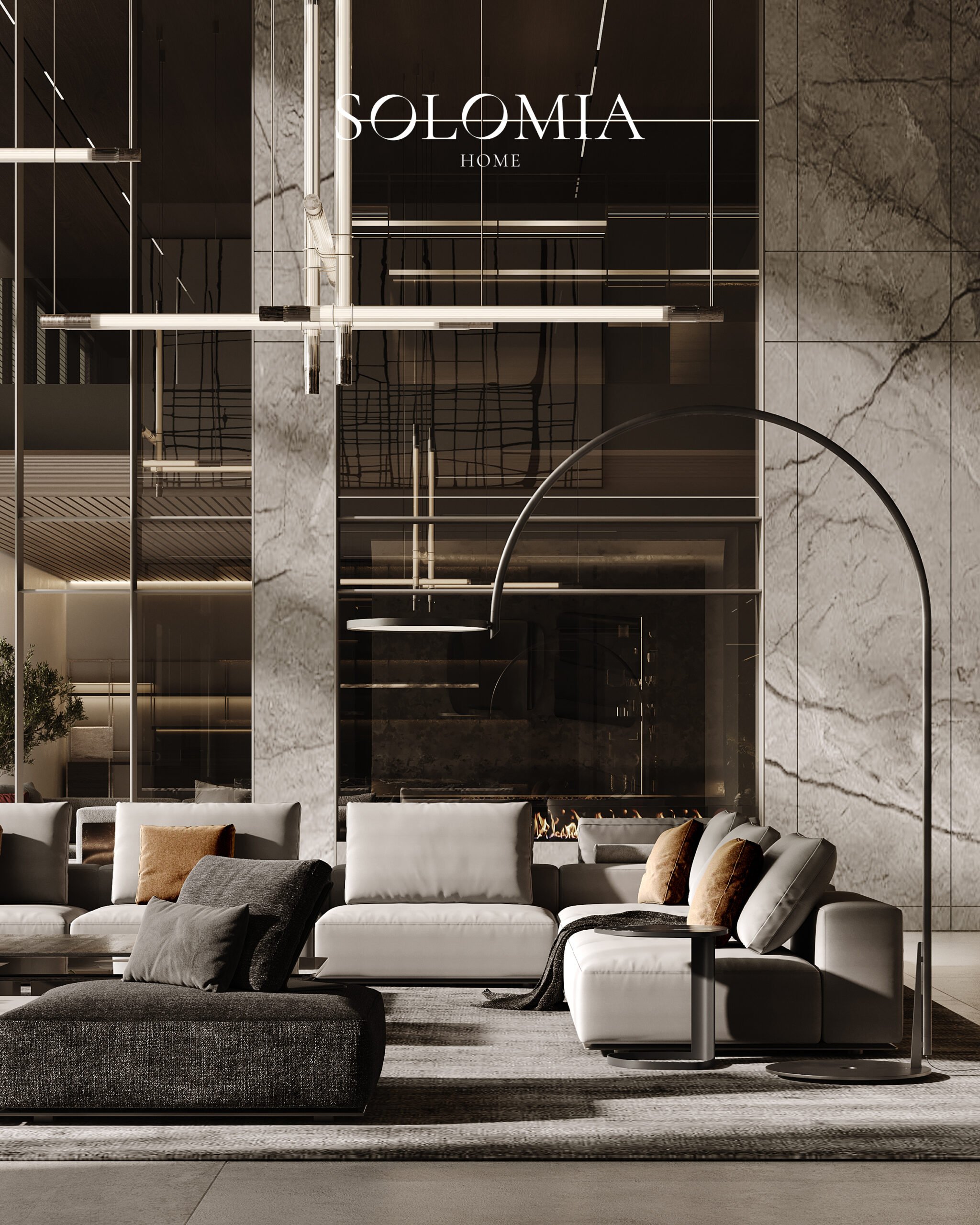 Lounge with marble wall and grey sofas, District One Dubai — luxury interior design Dubai