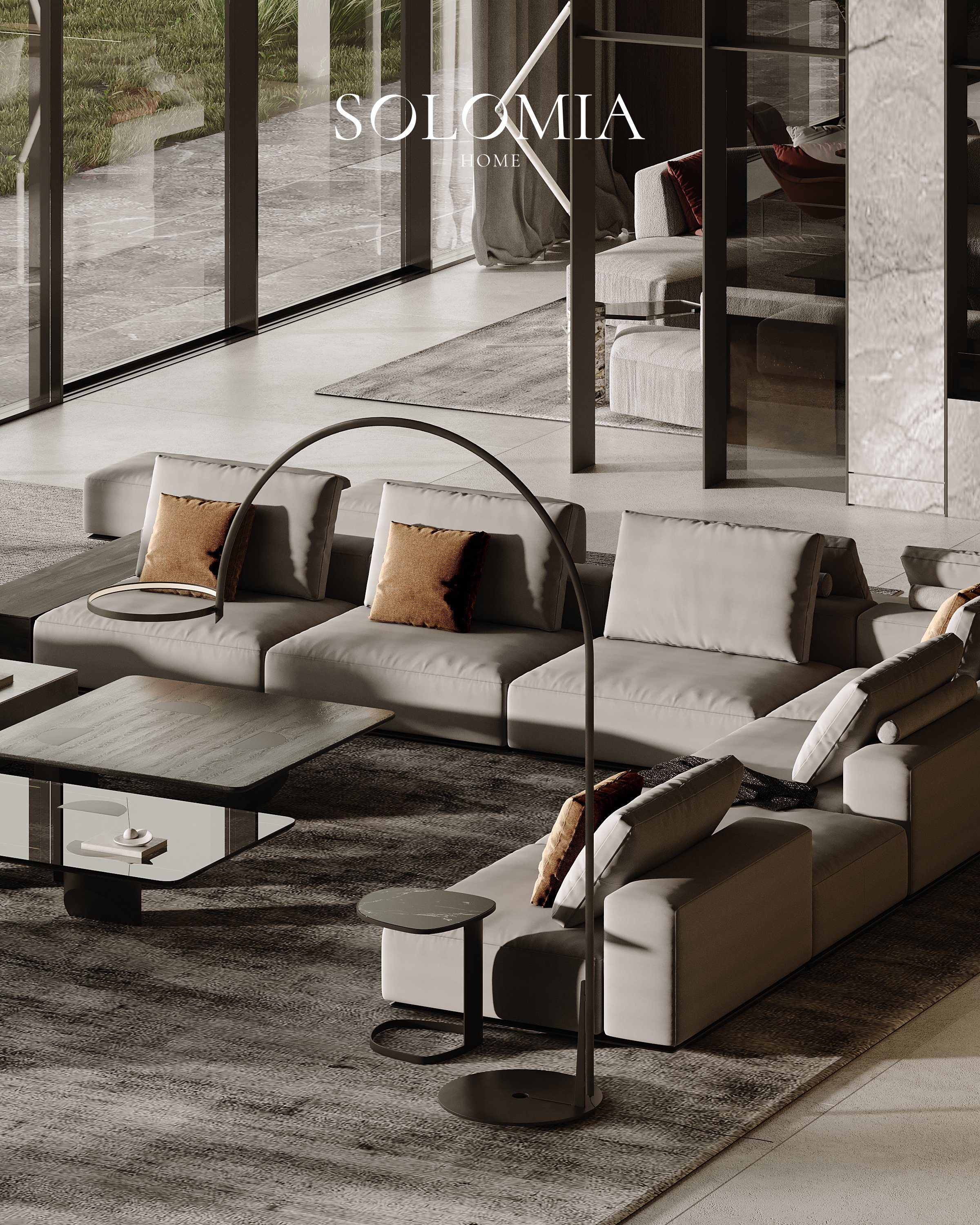 Lounge with sofa and arc lamp, District One Dubai — luxury interior design Dubai