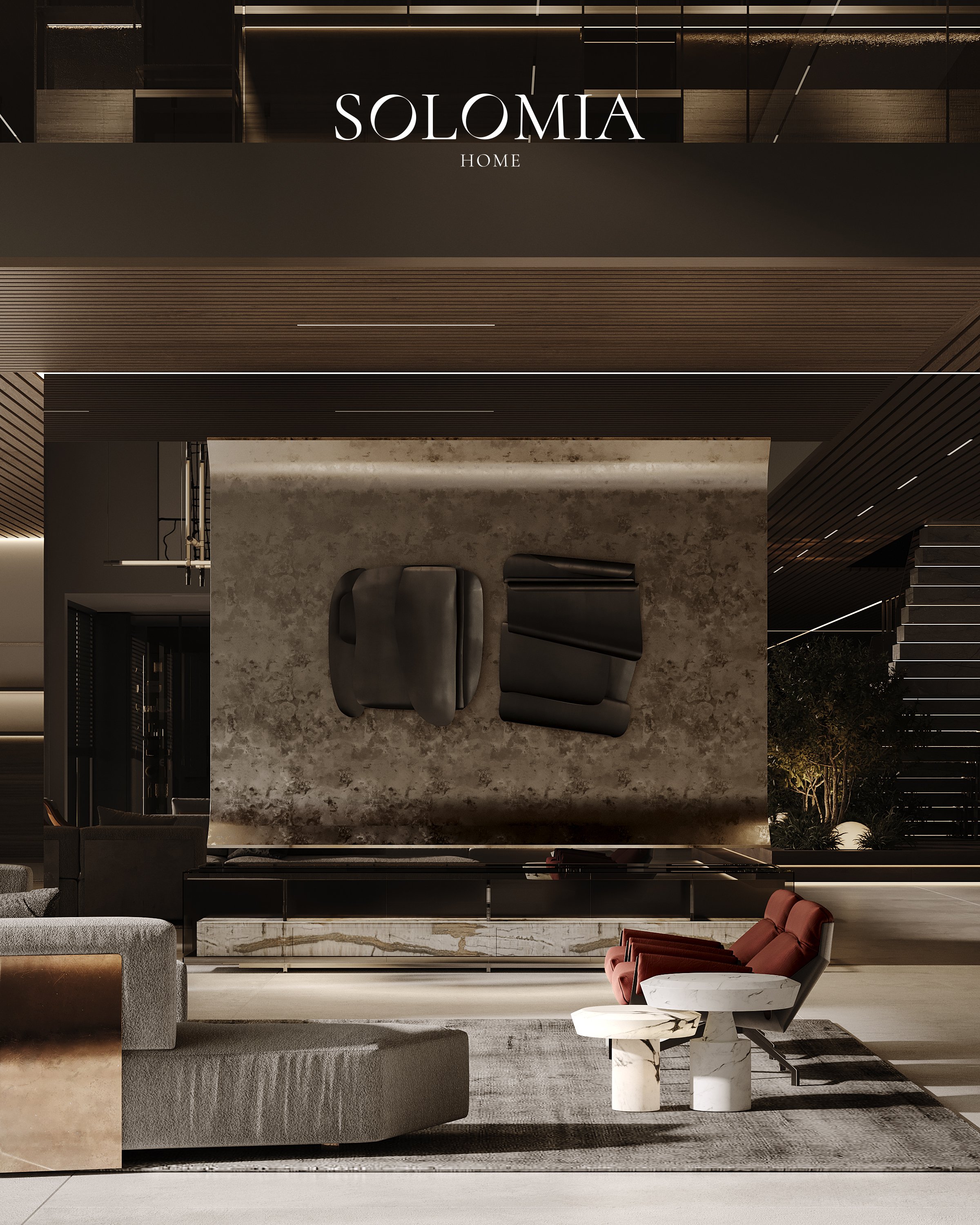 Lounge with stone fireplace wall, District One Dubai — luxury interior design Dubai