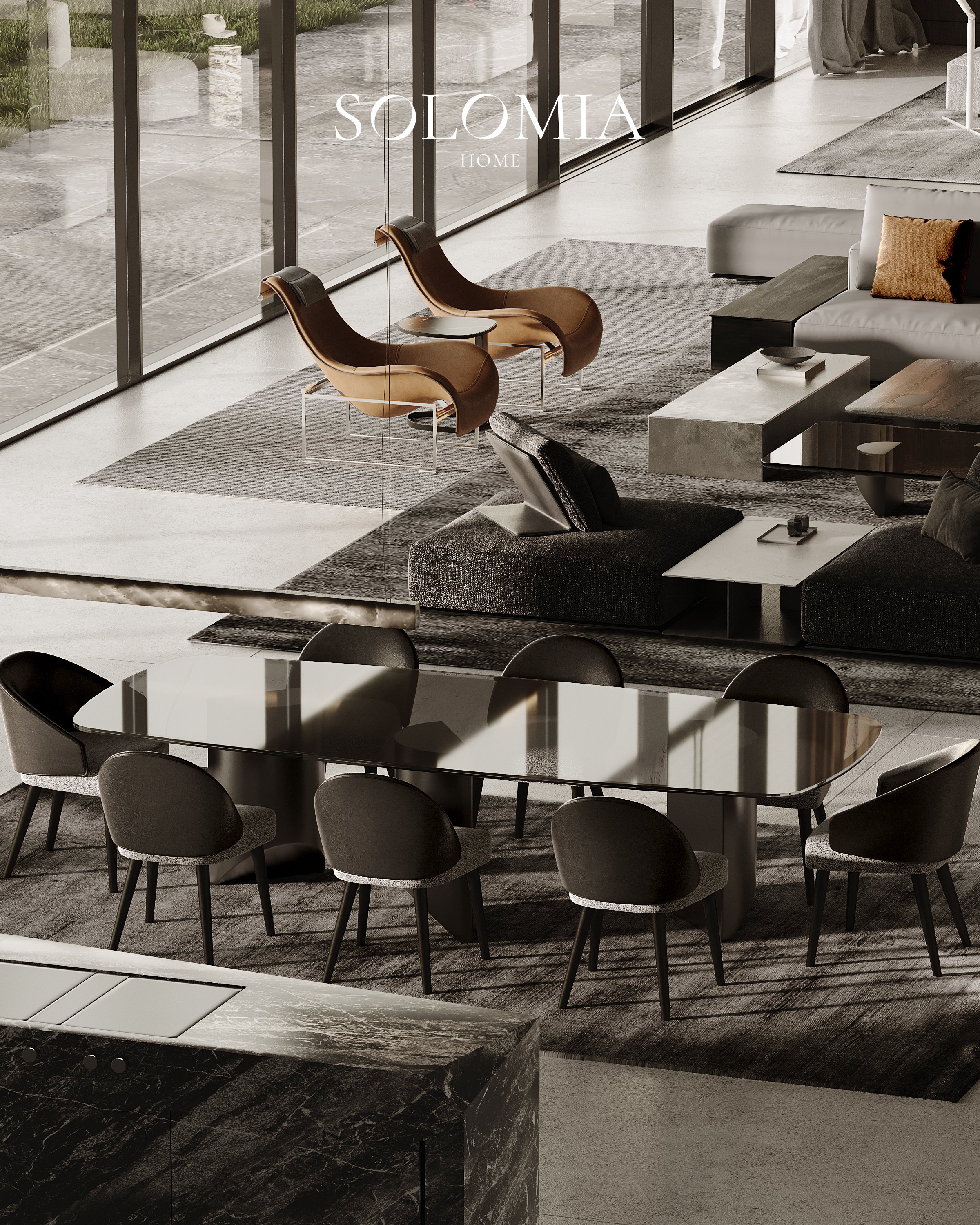 Dining table with dark chairs and terrace view, District One Dubai — luxury interior design Dubai