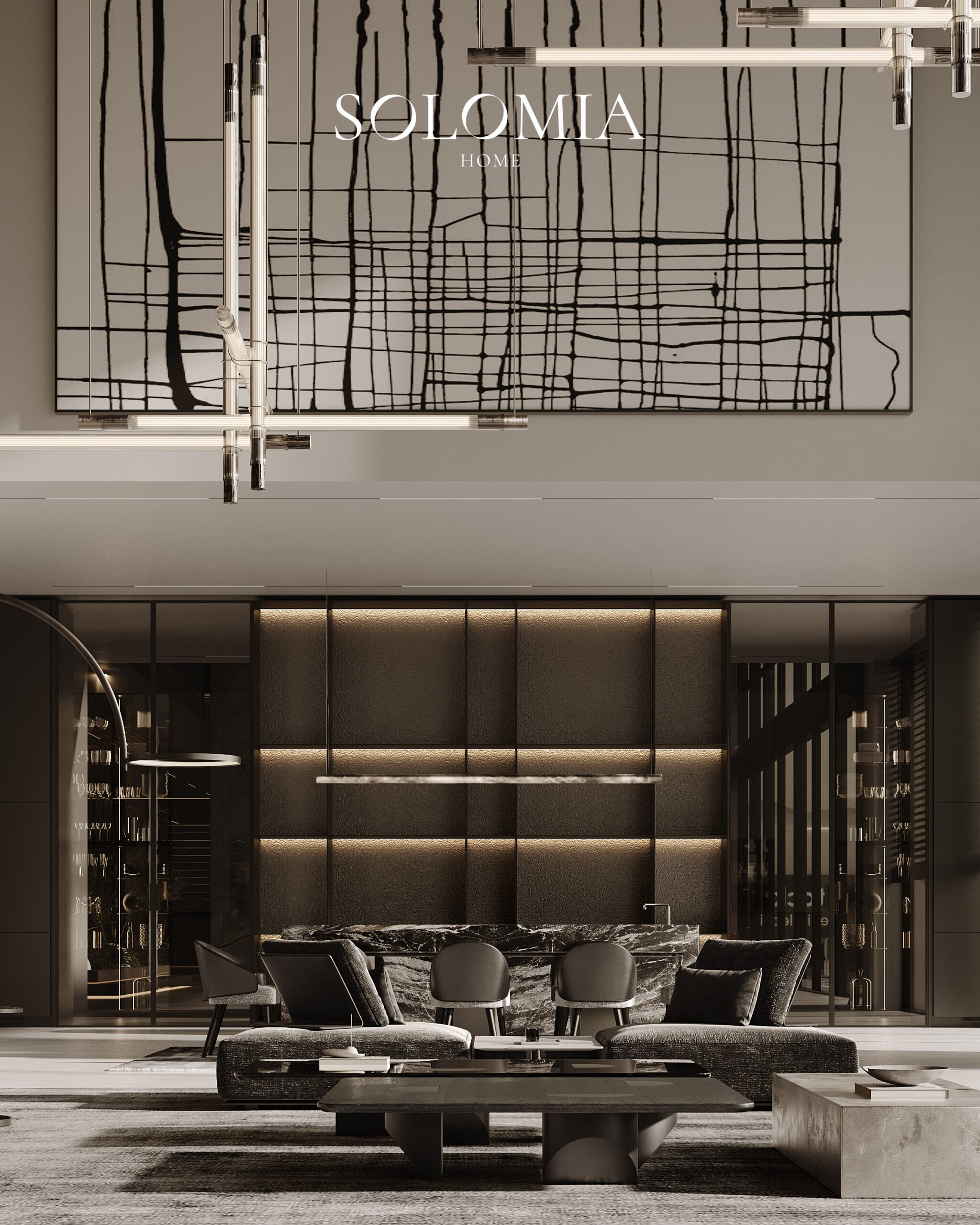 Living room with abstract artwork and marble table, District One Dubai — luxury interior design Dubai