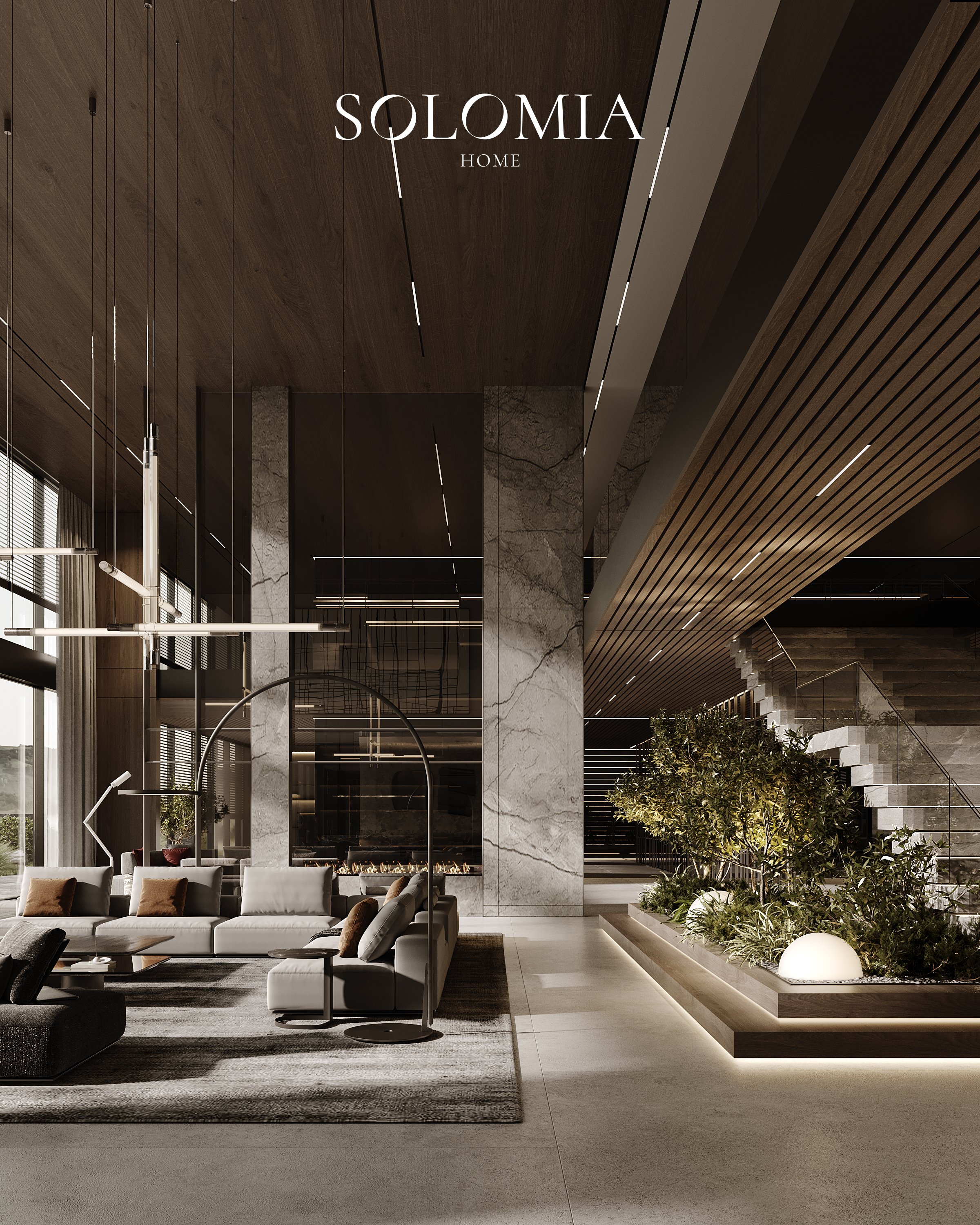 Double-height living room with staircase, District One Dubai — luxury interior design Dubai