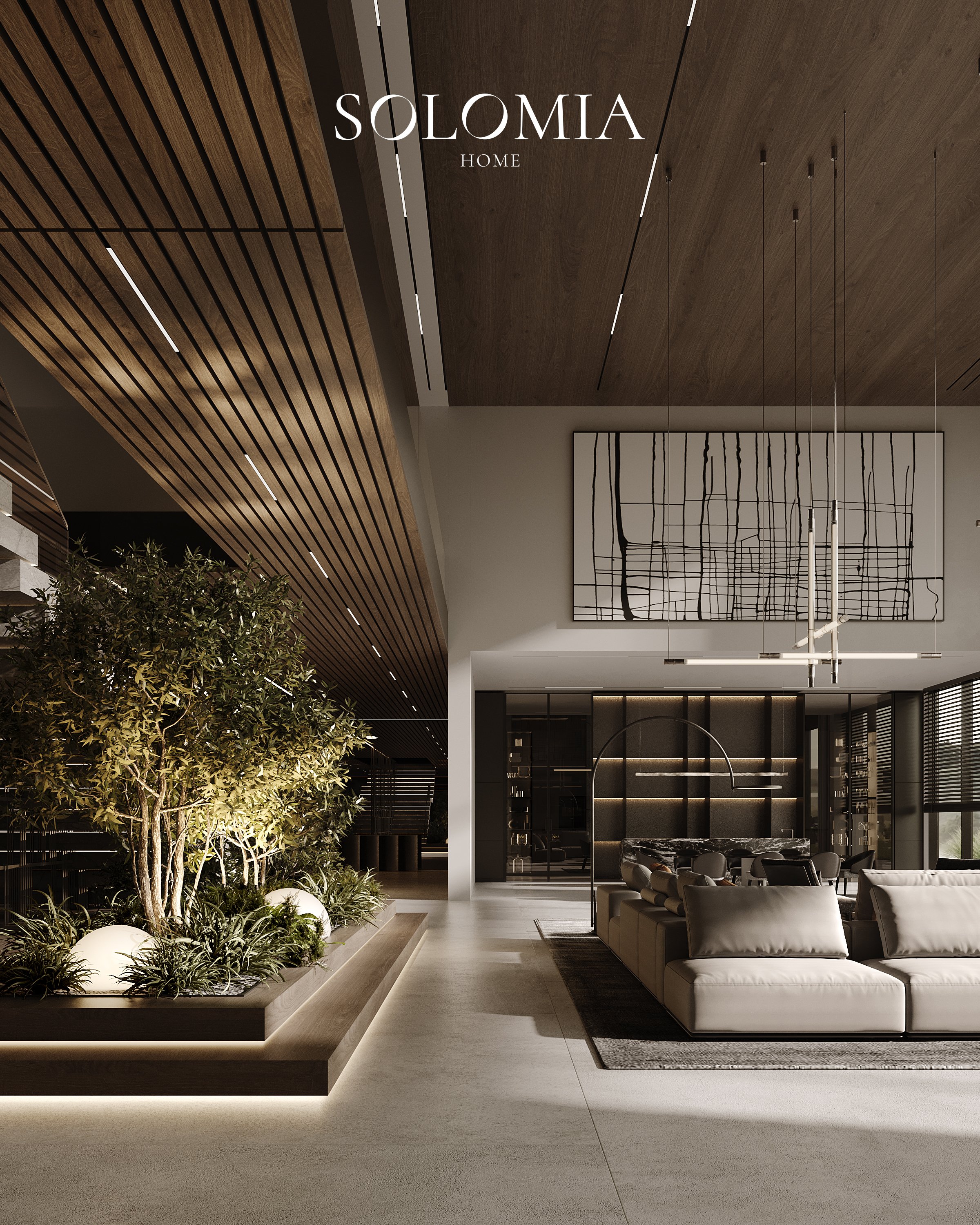Living room with indoor garden and wood-slat ceiling, District One Dubai — luxury interior design Dubai