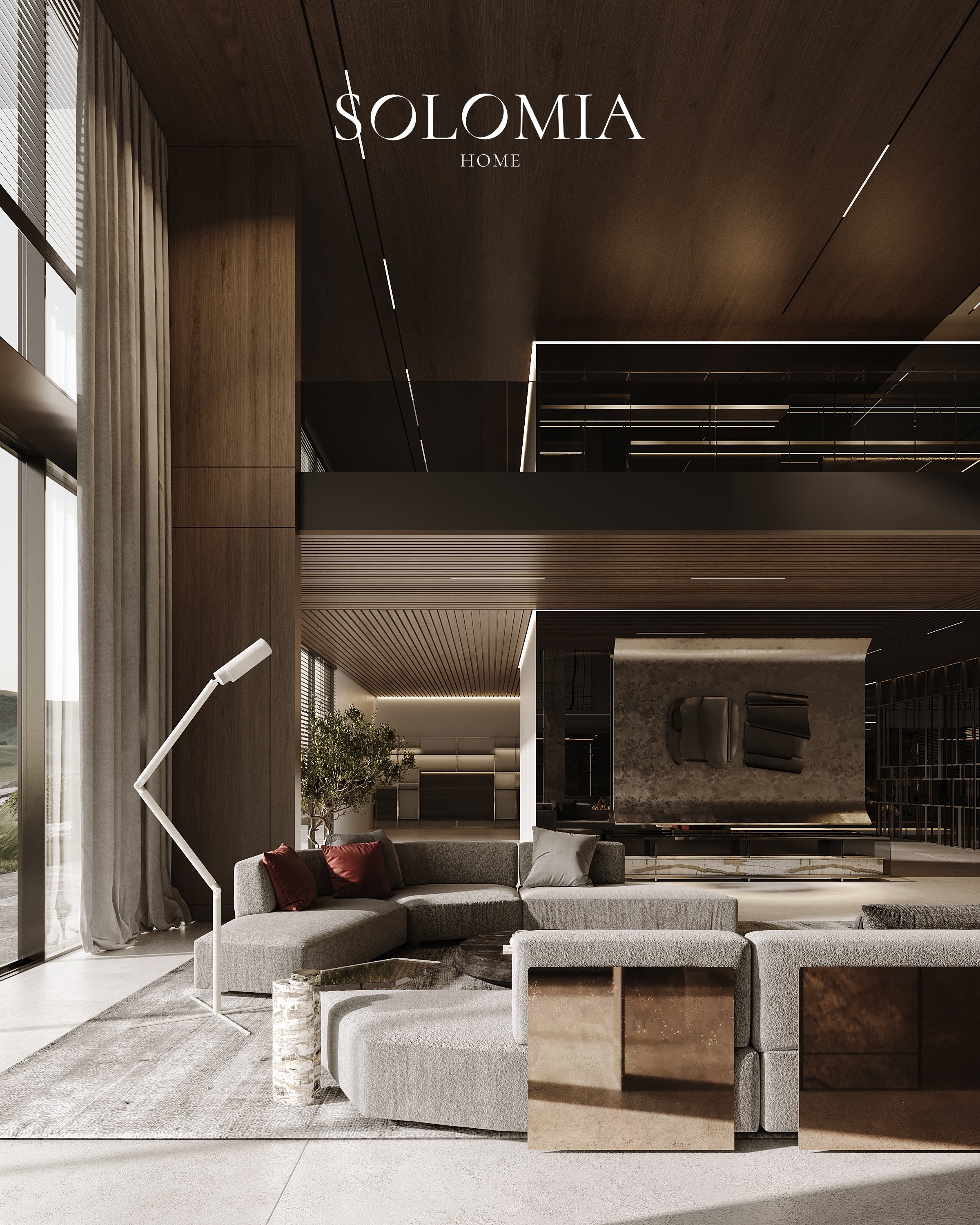 Living room with grey sectional sofa, District One Dubai — luxury interior design Dubai
