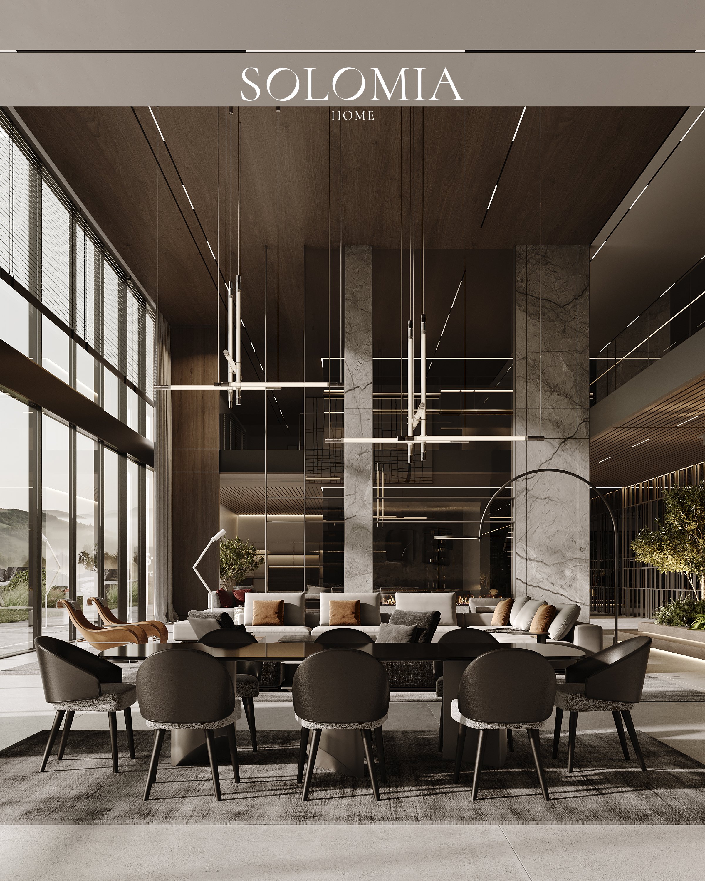 Dining area under a wood-slat ceiling, District One Dubai — luxury interior design Dubai