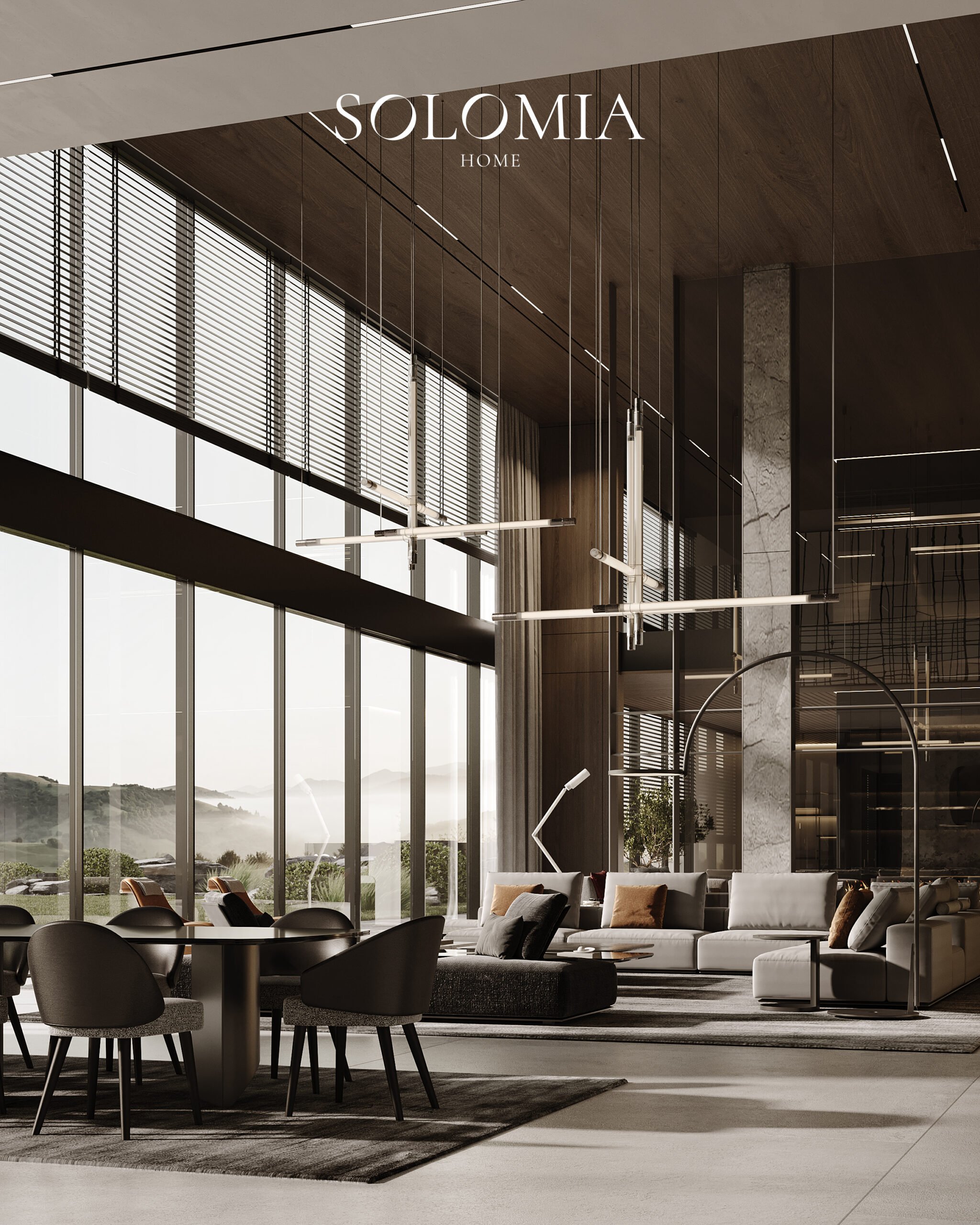 Open-plan living and dining with glass wall, District One Dubai — luxury interior design Dubai